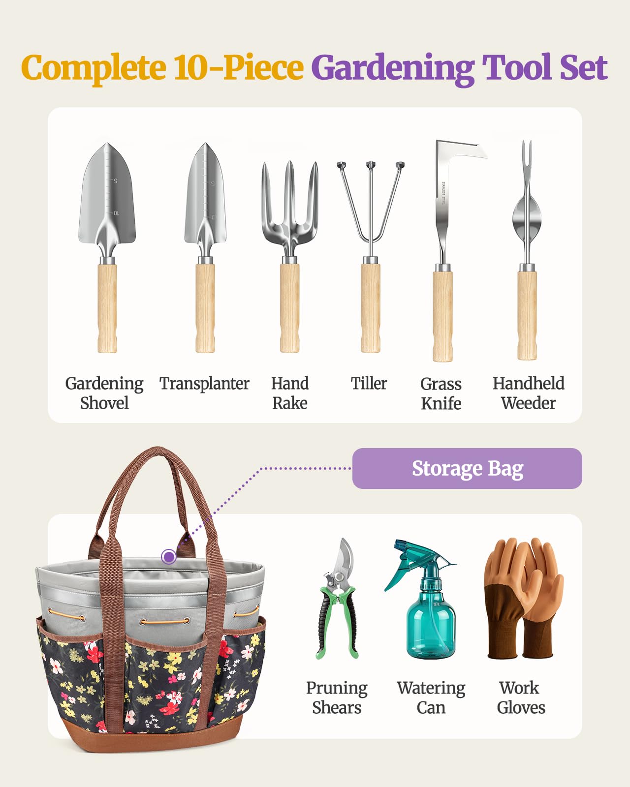 10-Piece Garden Tool Set, Heavy-Duty Stainless Steel Rust-Proof Gardening Tools with Ergonomic Wood Handles, Reinforced Organizer Handbag for Planting, Gardening Gift Set for Women, Mother - 3