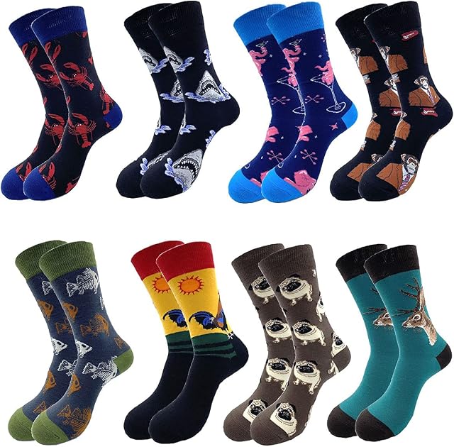 Men's Fun Set Dress Socks-Colorful Funny Novelty Cotton Funky Crew Socks Pack,Art Socks (8-mix Animal)