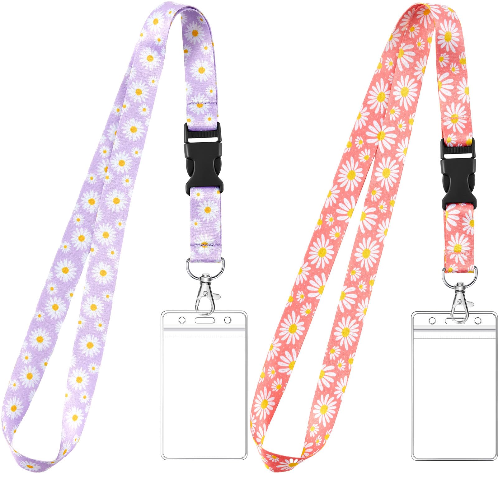 Zonon 2 Set Lanyard with Card Holder Neck Strap Star Lanyard and Waterproof Transparent Badge Holder for ID Card Key Chain Cruise Office School Work Trip Gift Purple(Daisy)