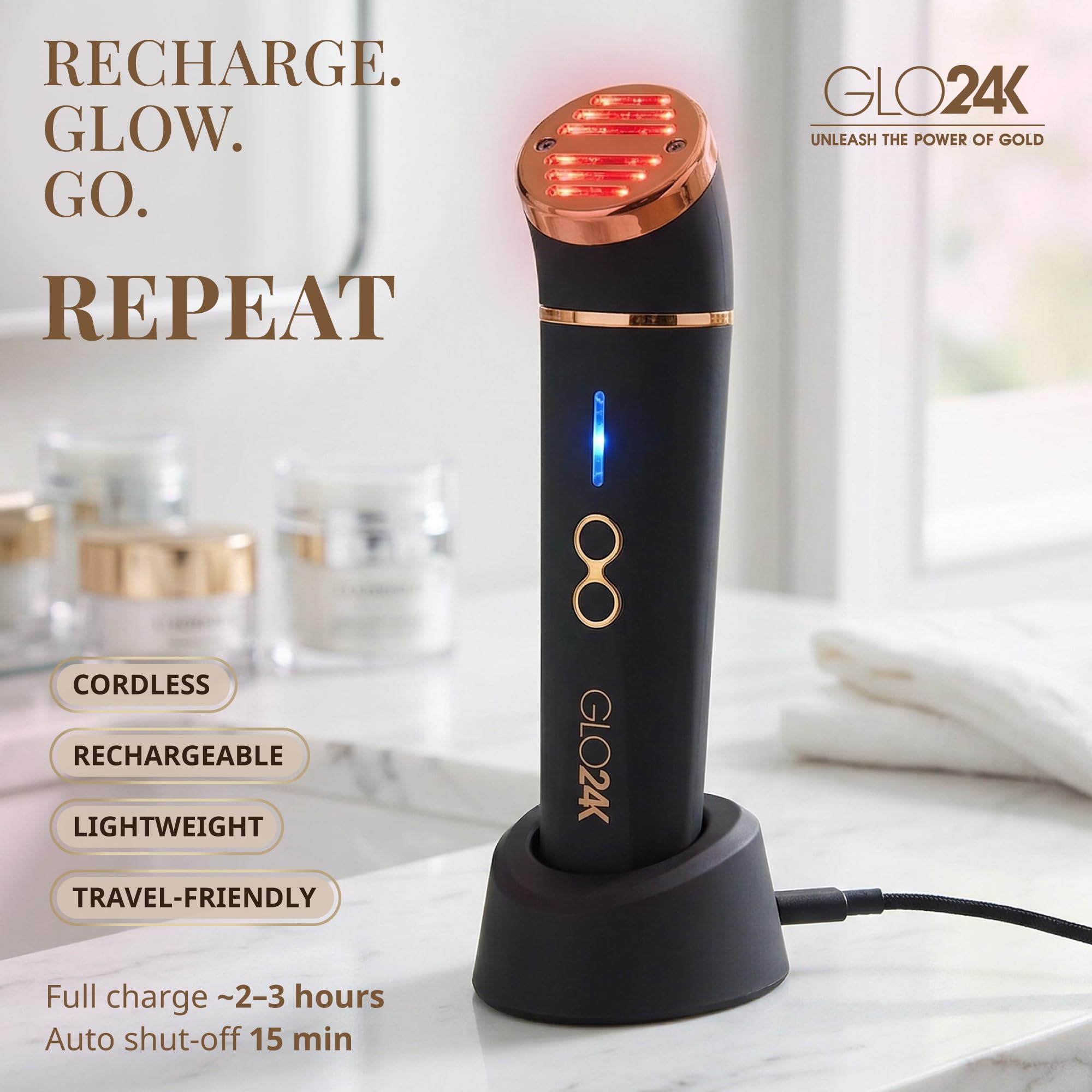 Dispositivo de belleza GLO24K para la cara. Basado en tecnologías de triple acción L E D, térmica y vibración.