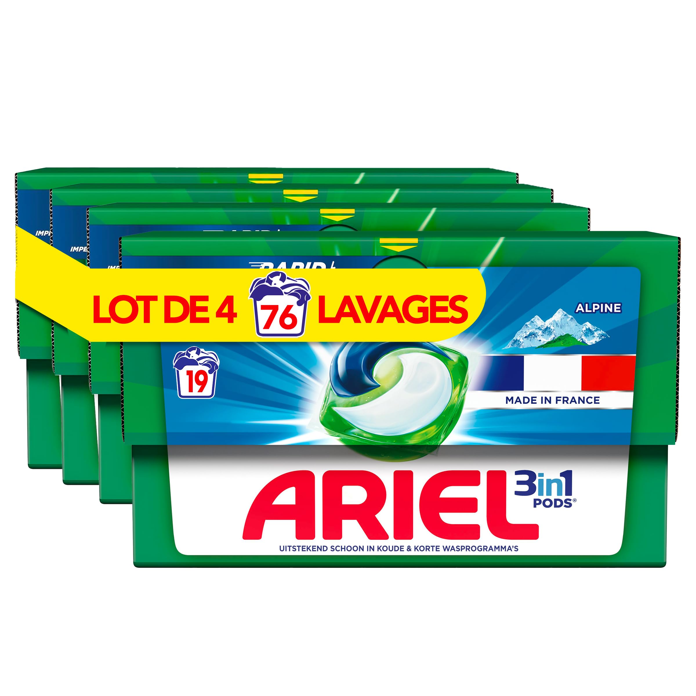 Ariel 3 en 1 PODS, detergente líquido cápsulas, 76 lavados (4 x 19 tabletas), alpino, elimina las manchas incrustadas, incluso después de 7 días, impecable incluso en ciclo corto y frío, fabricado en