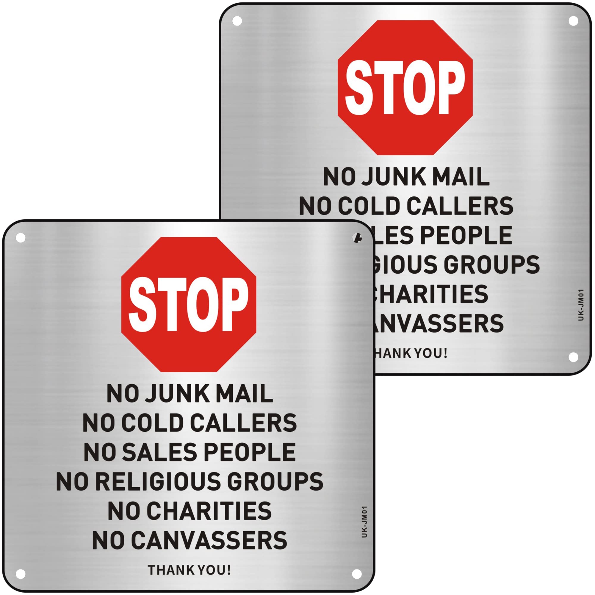 No Junk Mail No Cold Callers Sign Self Adhesive 2 Pack, STOP No Cold Calling Signs Brushed Alu 15x15cm
