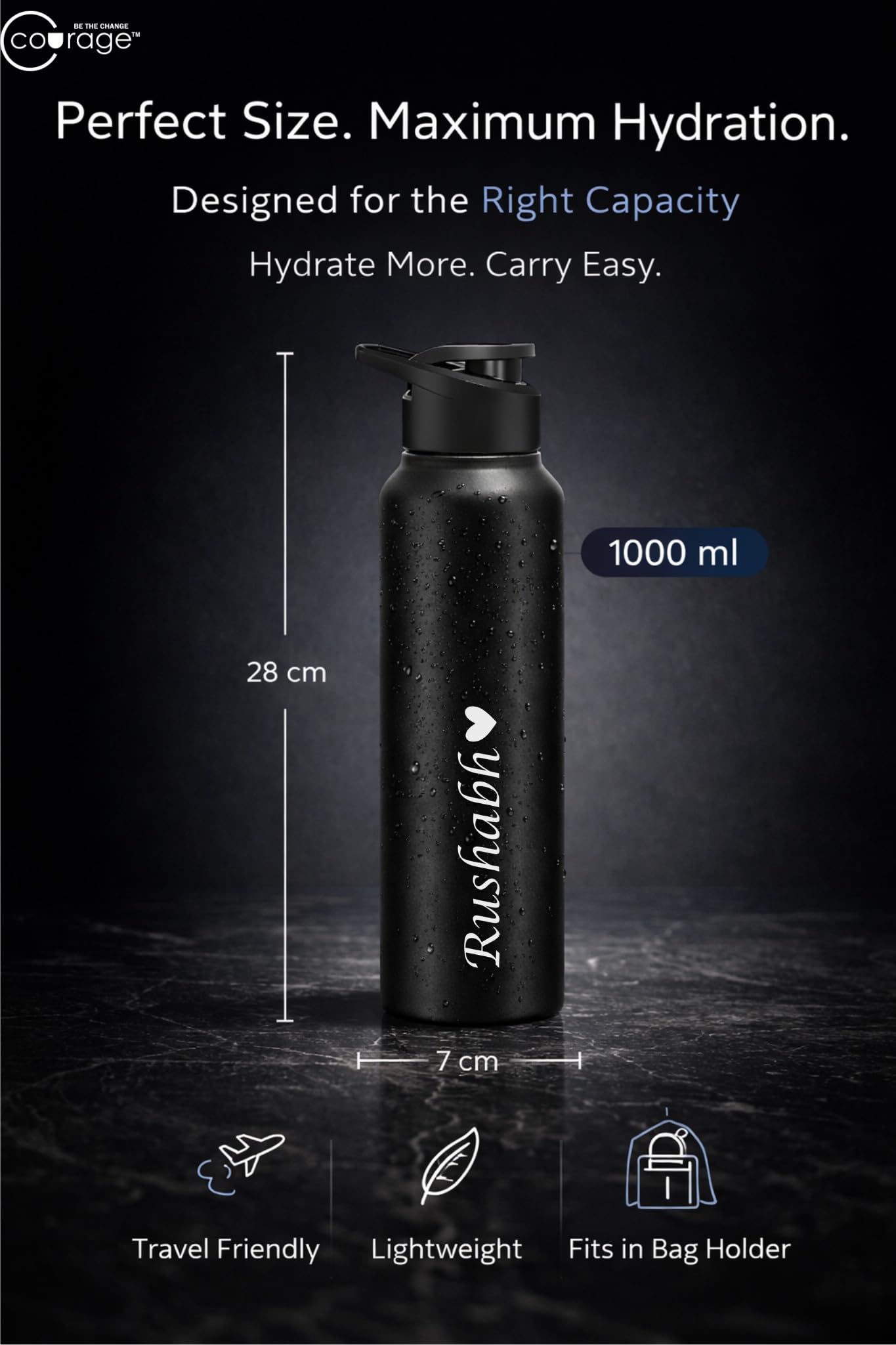 COURAGE Stainless Steel Customize Sipper Water Bottle 1Liter Leak Proof for Fridge Home Office Travel School Kids Boys Girls Adults Sports Gym Yoga - Black — Amazon image 2