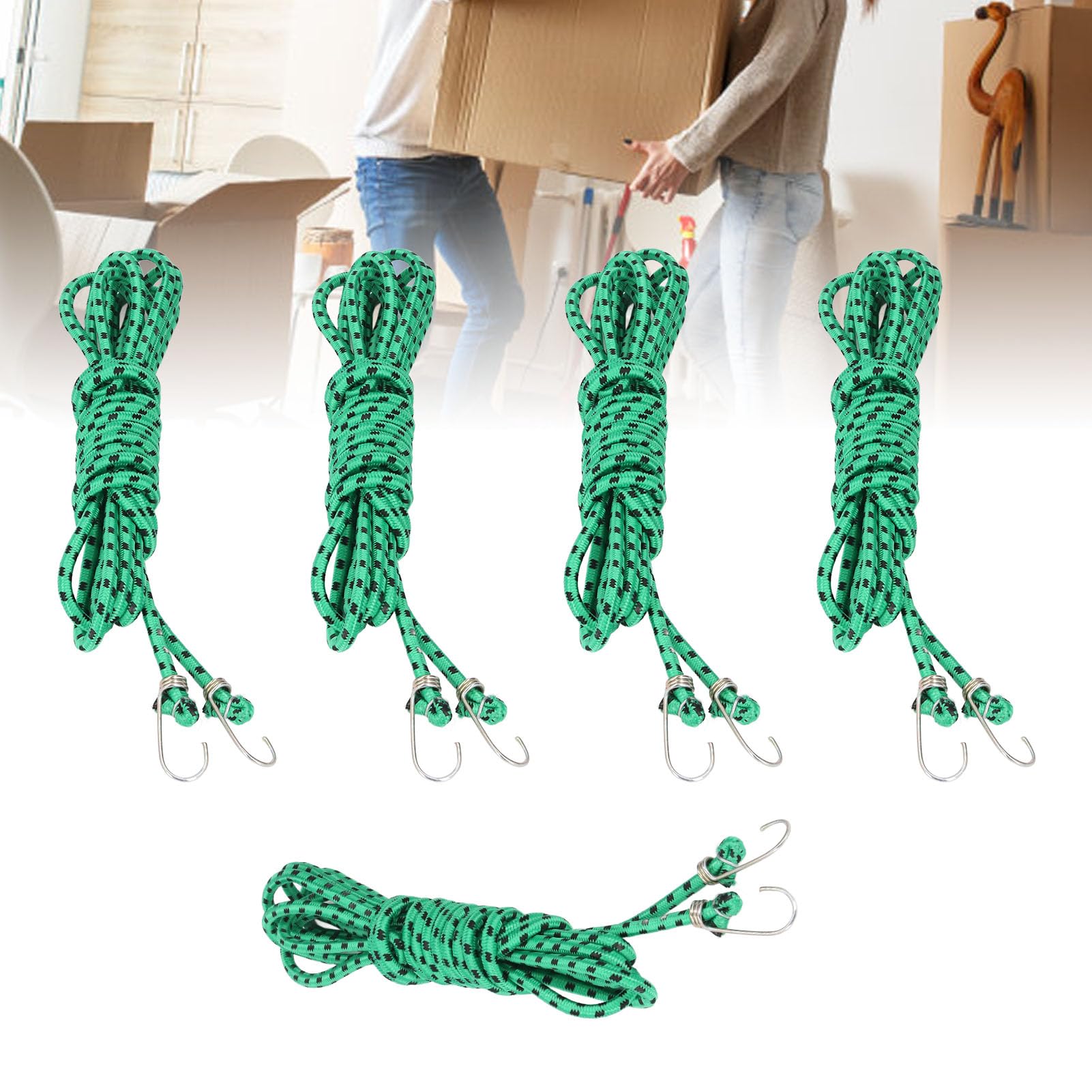 Corda elastica da 5 pezzi da 20 piedi, corda elastica in gomma ispessita verde con ganci resistenti, fissaggio sicuro per teloni, mobili e bagagli, ganci rivestiti per uso interno