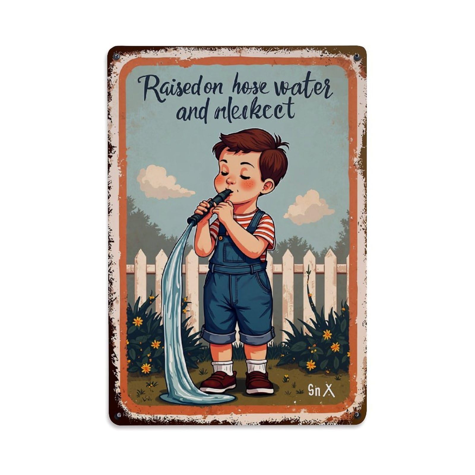 Boy Drinking Hose Water Garden Scene Retro Metal Tin Sign, Vintage Decor Art Poster for Bar, Home, Man Cave, Kitchen, Laundry Room Gift 8x12Inch