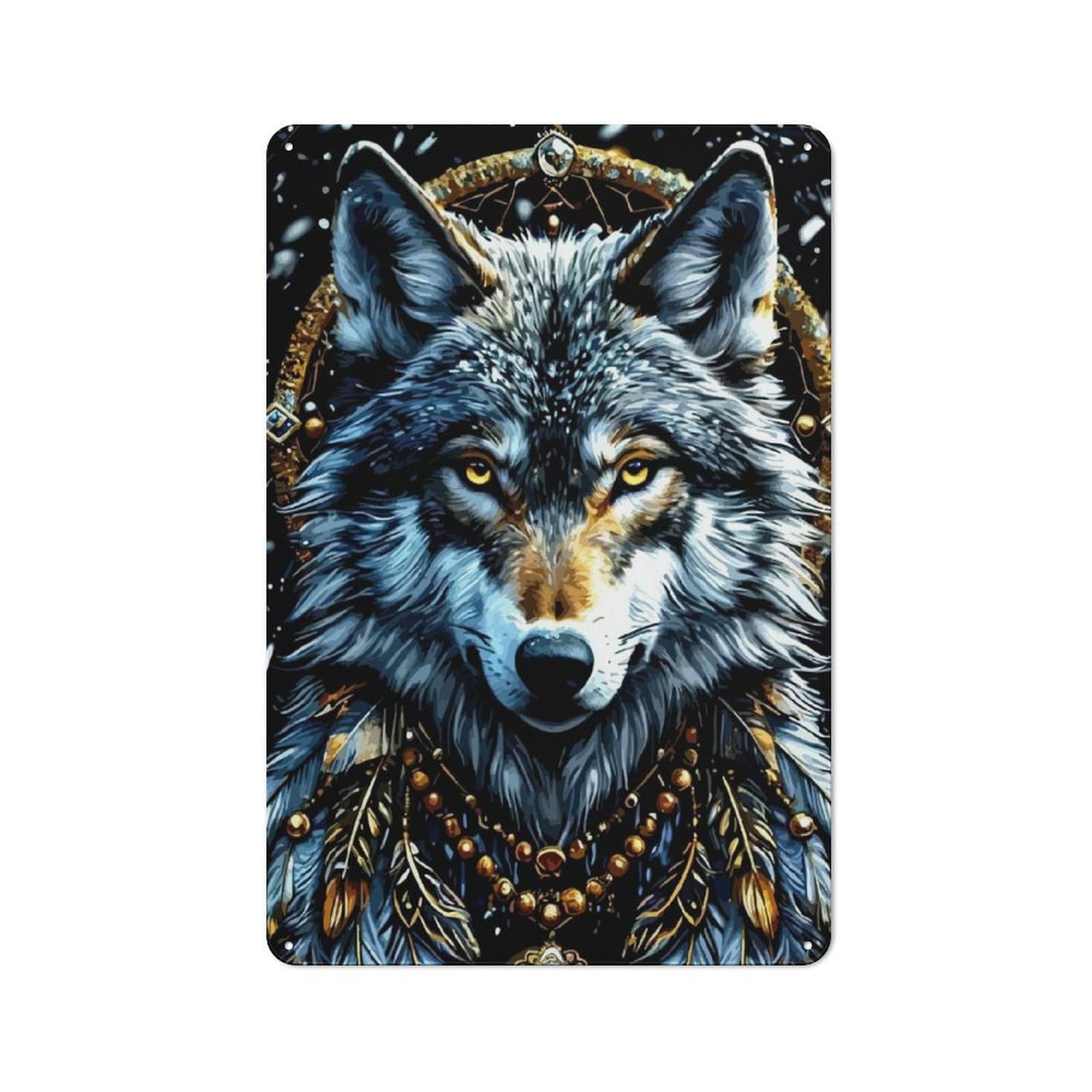 Junmoney Style-2 For Guest Room Or Hallway, Wolf Portrait With Dreamcatcher Elements Vintage Metal Sign 30X20cm, New-Space Wall Decor For Home Decor Collectors
