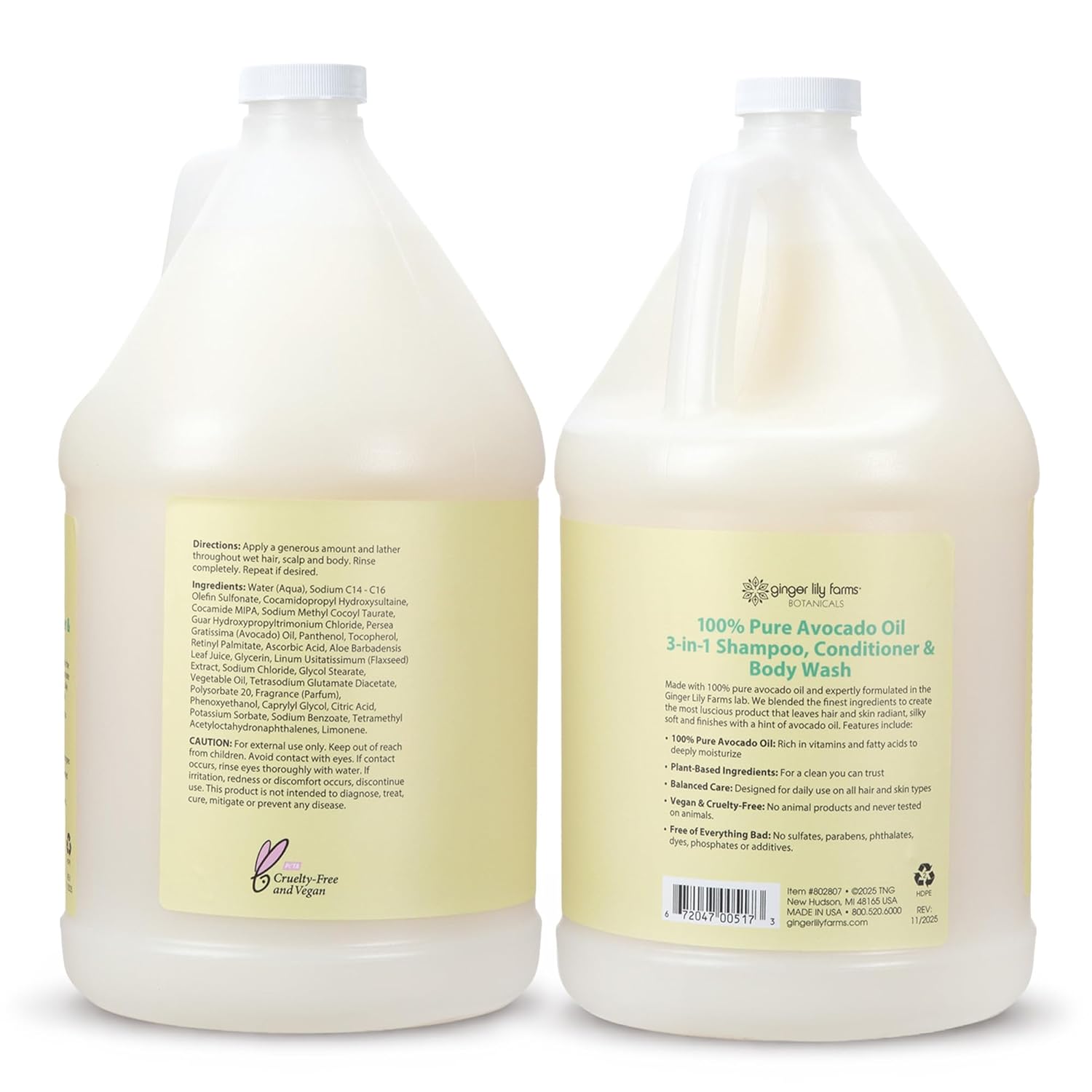 Ginger Lily Farms Botanicals 100% Pure Avocado Oil 3-in-1 Shampoo, Conditioner & Body Wash, 100% Vegan & Cruelty-Free, 1 Gallon (128 Fl Oz) Refill