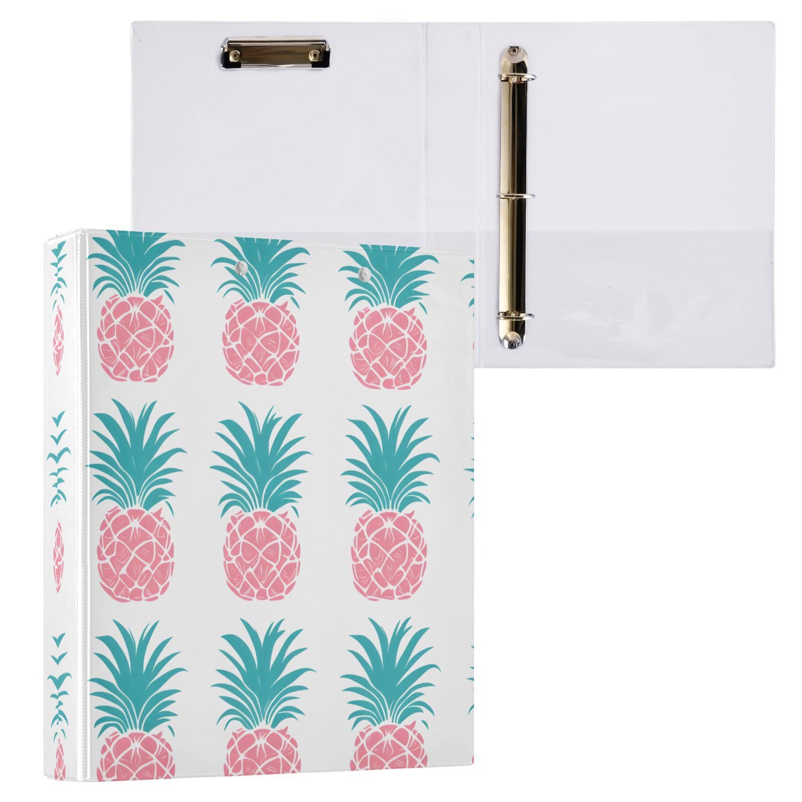 Confezione da 2 raccoglitori a 3 anelli, stampa ananas rosa, 3,8 cm, con 3 tasche trasparenti, portablocco e contiene 200 fogli, per ufficio, scuola, organizzazione domestica