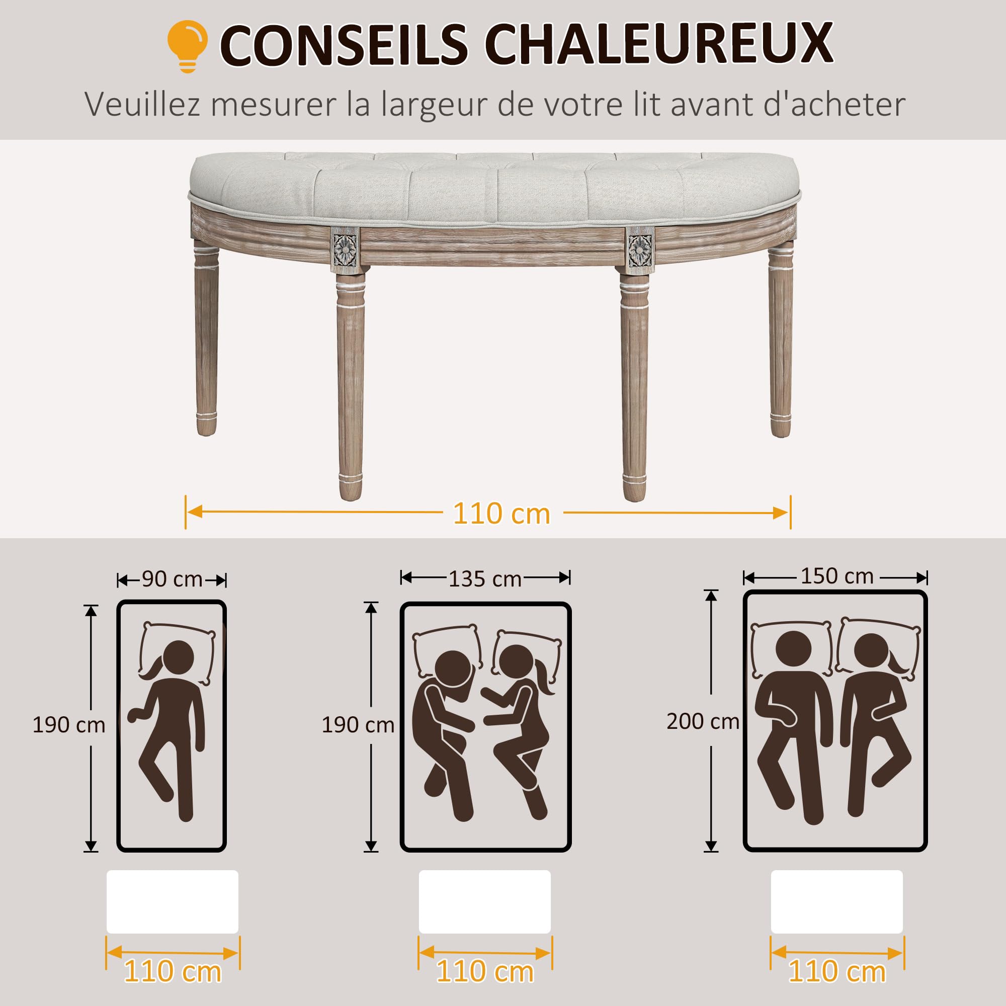 HOMCOM Banc Bout de lit Banc d'entrée en Forme Demi-Lune Capitonnée Crème | Banquette, Style Louis XVI, Structure en Bois Massif Sculpté Patiné, Siège en Tissu Aspect Lin