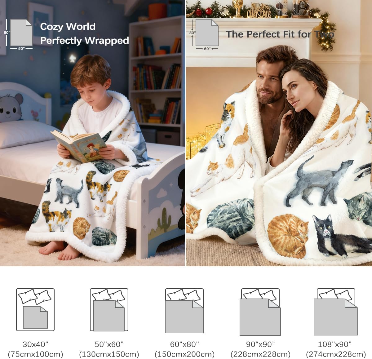 Sleepwish Colorful Cat Fleece Throw Blanket for Couch Chair Fuzzy Kitten Print Plush Sherpa Blanket Gifts for Cat Lovers Kids, Queen(90" X 90")