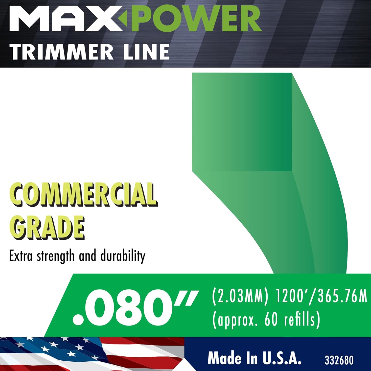 Maxpower 332680 Square One .080" Trimmer Line 1200' Length, Approximate 3 lb Spool, Green