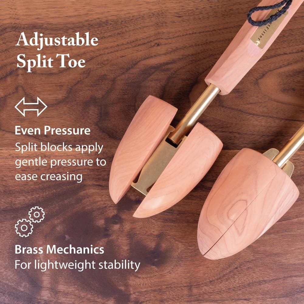 FootFitter Men's Aromatic Cedar Shoe Trees, Adjustable Split Toe Shoe Shaper, Preserve Shape & Absorb Odors, USA Cedar (SJ32)