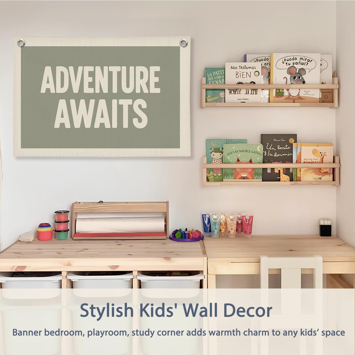 Adventure Nursery Decor, Adventure Awaits Wall Hanging Canvas Banner, Sage Green Boy Nursery Wall Decor Hanging Banner Flag for Kids Baby Boys Room Bedroom Playroom, 20x30 Inch