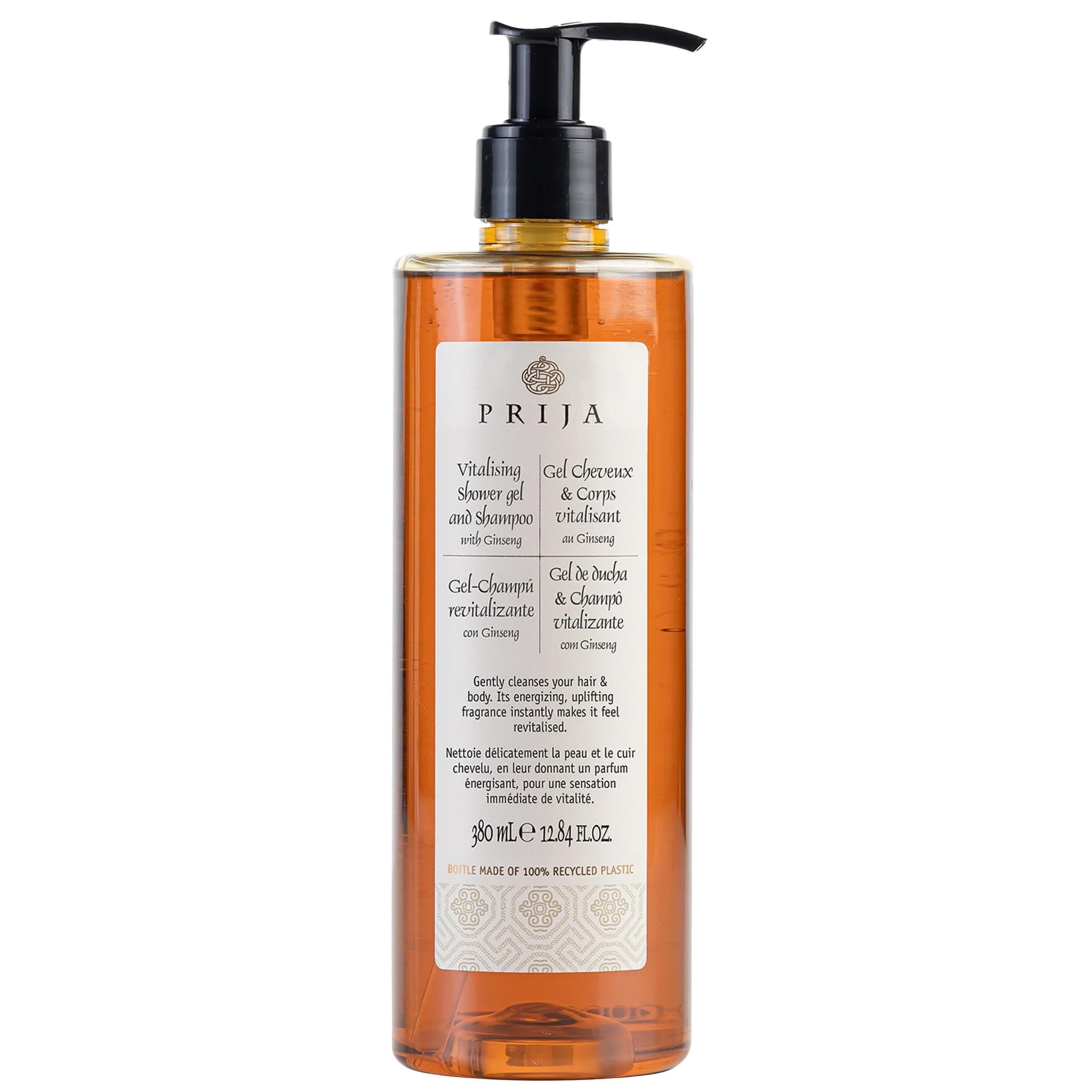 PRIJA Champú-gel de ducha líquido 2 en 1 con extracto de ginseng, con dosificador, vegano (18x380ml)