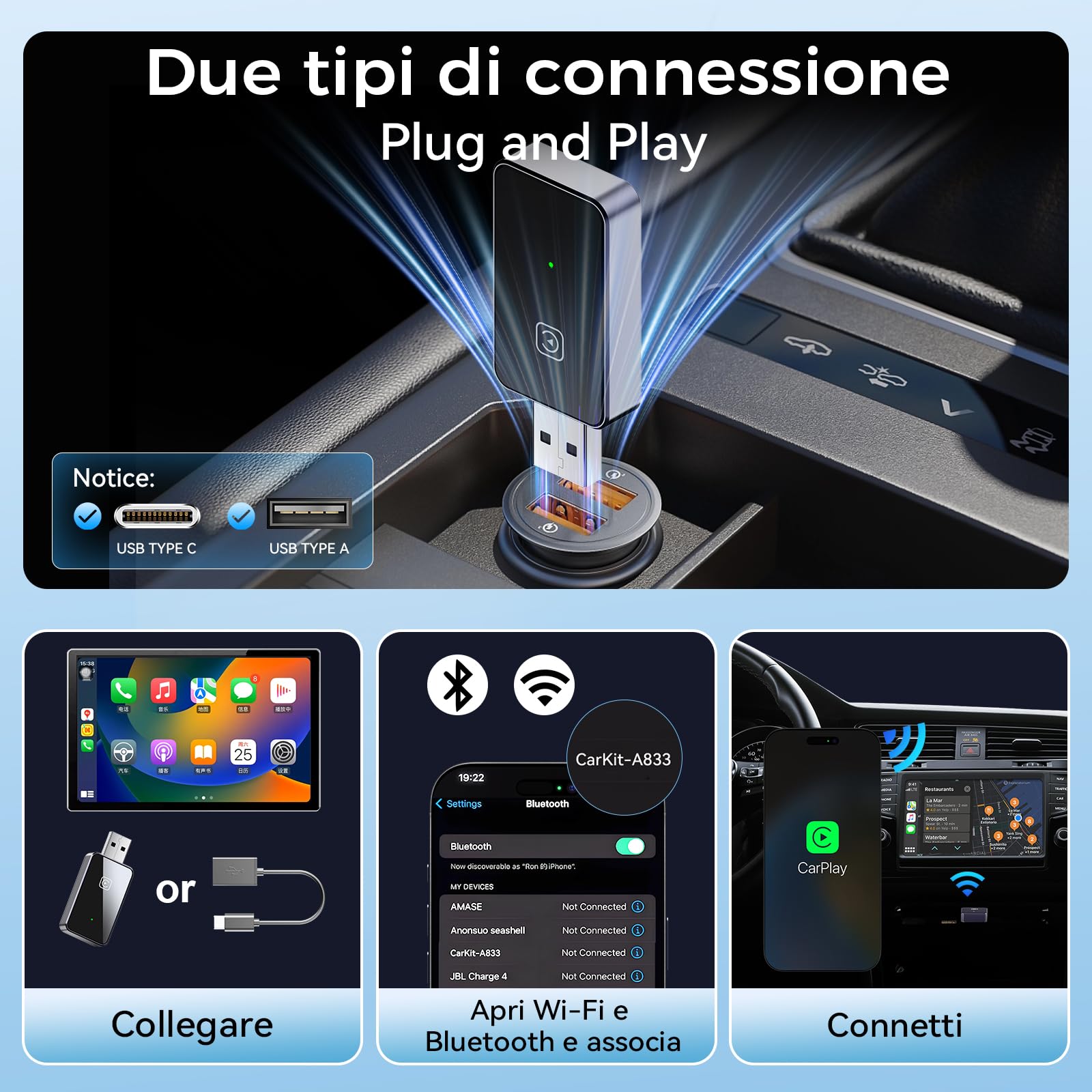 Adattatore CarPlay Wireless, Trasforma CarPlay Cablato In Wireless - Compatibile IPhone IOS 10+, Plug And Play