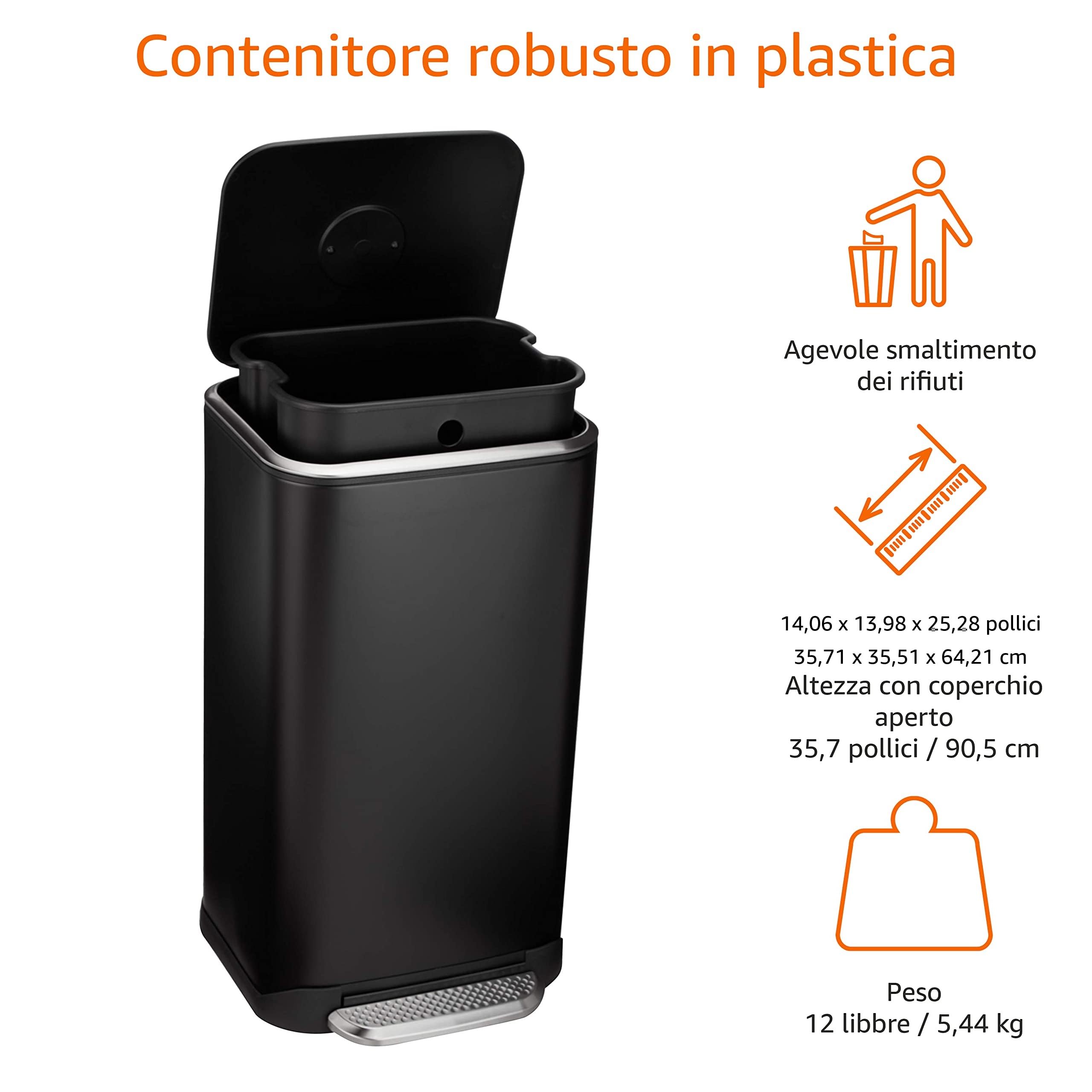 Amazon Basics Pattumiera rettangolare con chiusura silenziosa, 32 l, nero