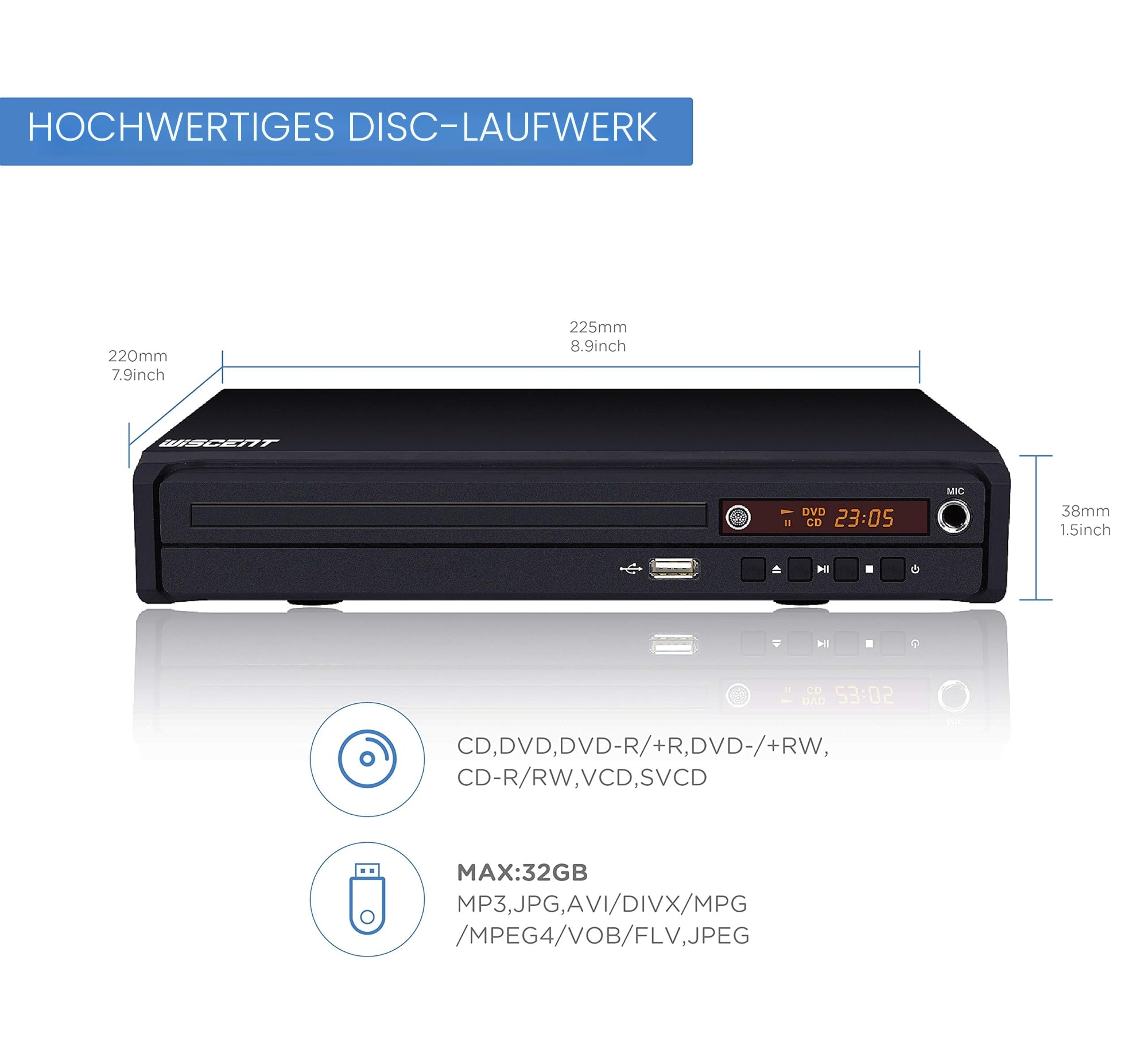 DVD-Player - Für TV mit HDMI, HD1080P DVD-CD-Player, USB-Eingang, PAL-NTSC-System, alle Regionen frei, HDMI-/AV-Kabel im Lieferumfang