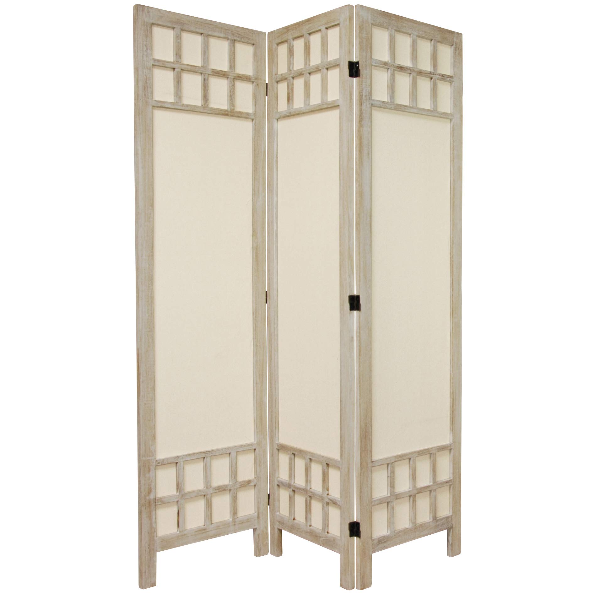 Oriental Furniture 5 1/2 ft. Tall Window Pane Fabric Room Divider - Burnt White - 3 Panel