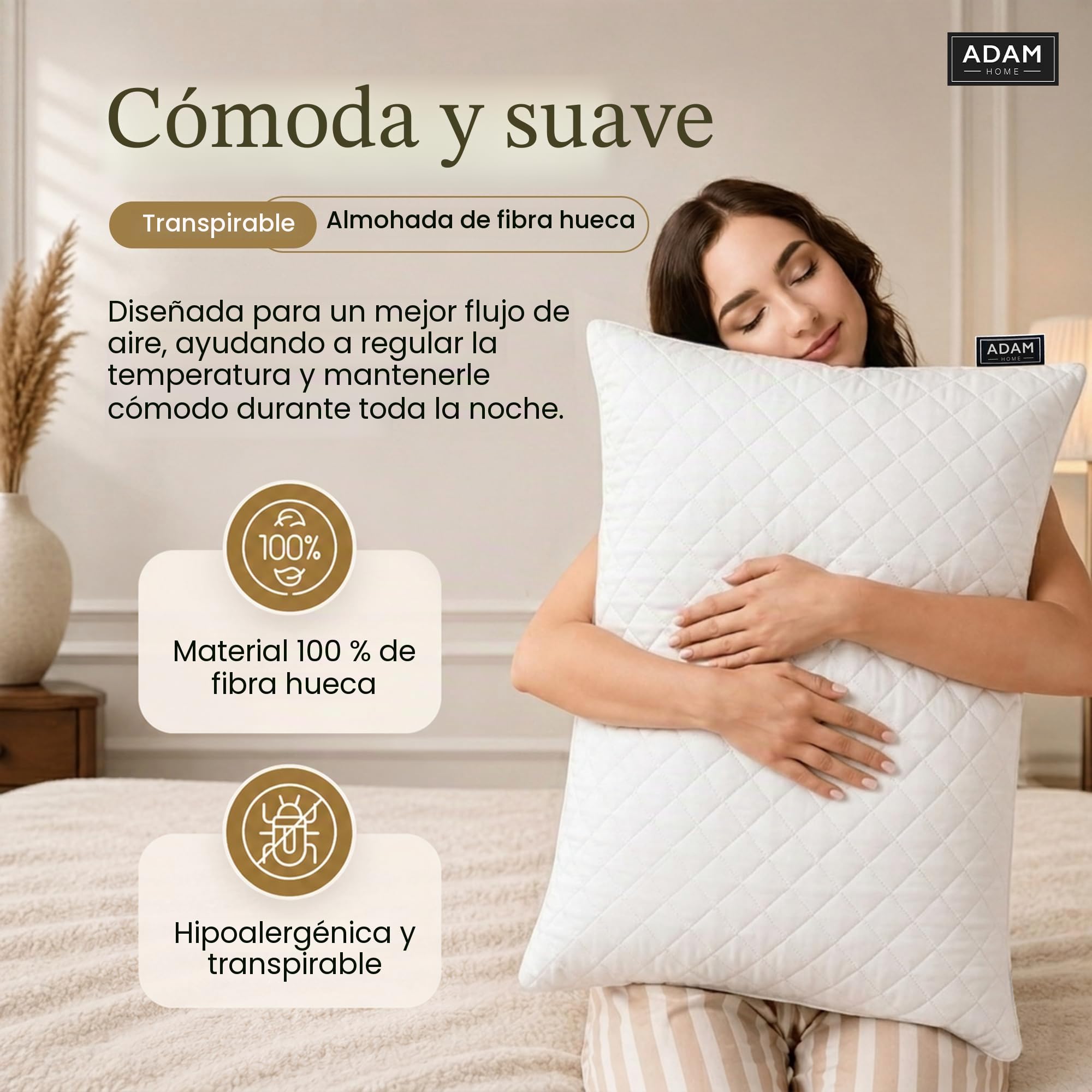 Adam Home Paquete de 6 almohadas prémium con funda acolchada, almohadas rellenas para cama, boca abajo y boca arriba, alternativa al plumón, almohadas de fibra hueca suave