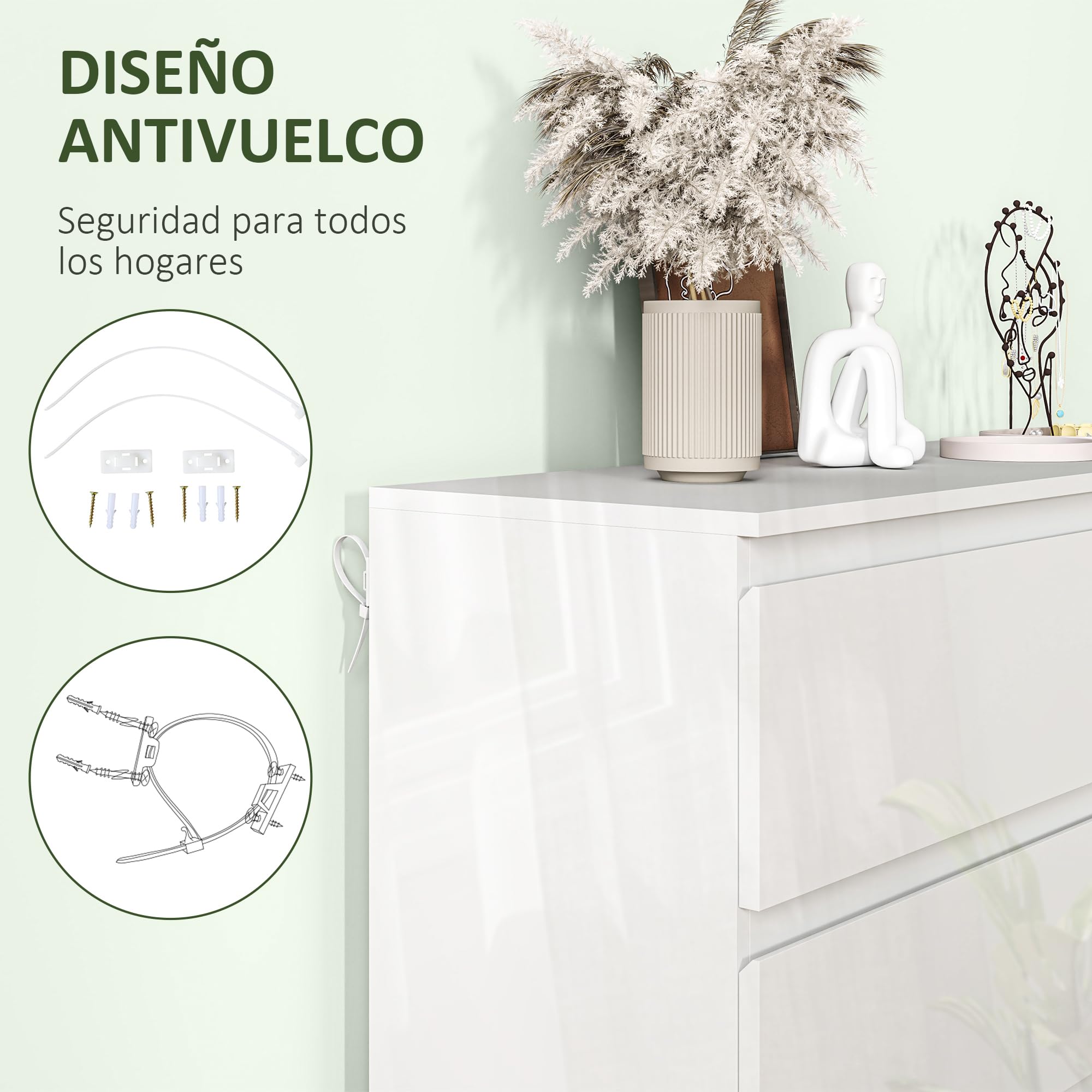 HOMCOM Cómoda con 6 Cajones Cómoda de Dormitorio Moderno con Diseño Anti-vuelco Cajonera para Salón Pasillo 112x34x75 cm Blanco Brillo
