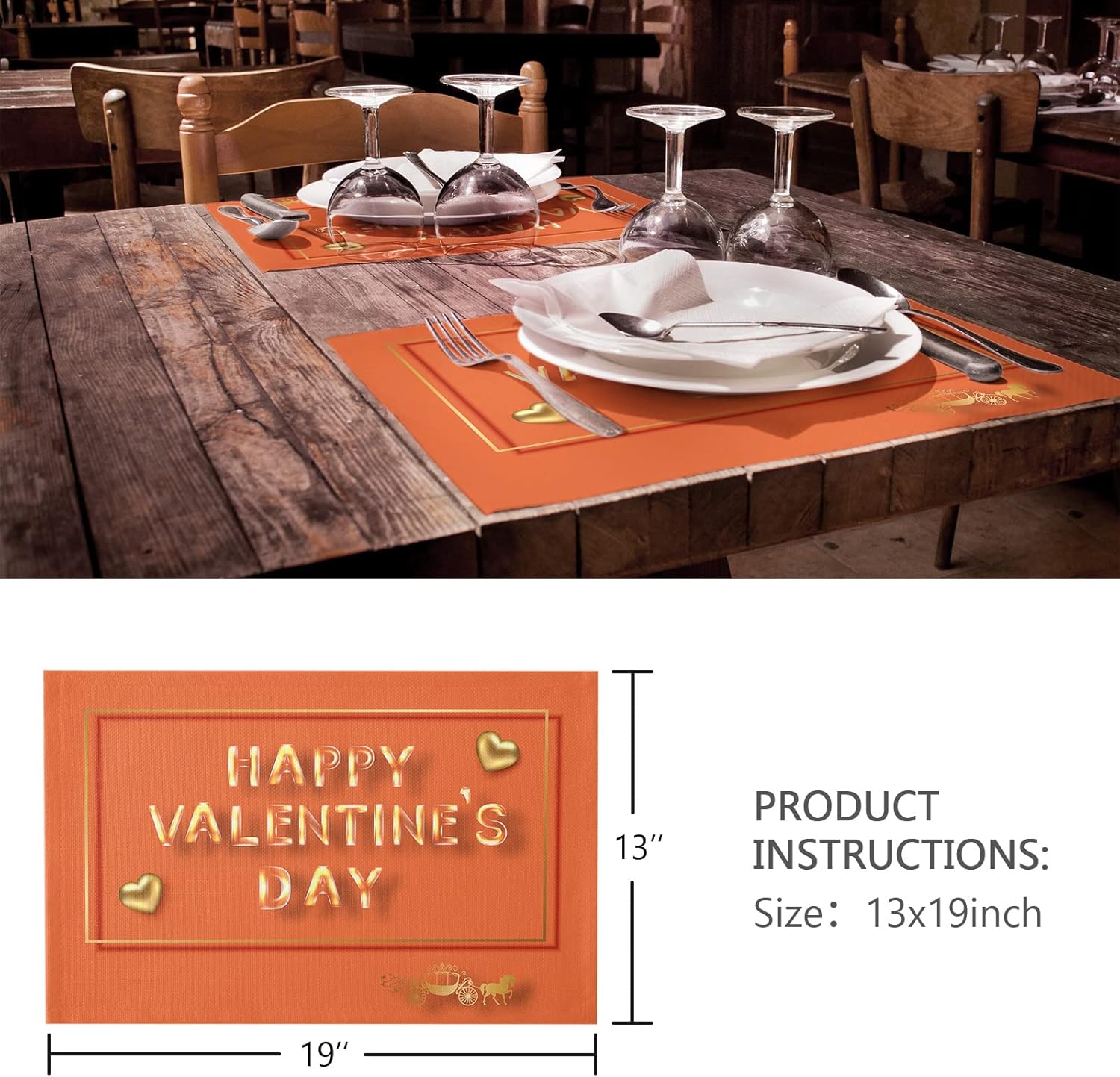 Happy Valentine's Day Placemats for Dining Table Set of 4, Cotton Linen Cloth for Square/Rectangle/Round Table Mat Placemat, Saint Orange Gold Love Holiday Kitchen Dinner Holiday Décor