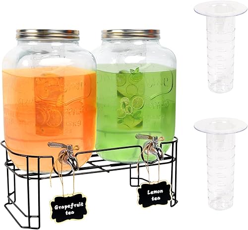 Miniatura 1 de Dispensador de bebidas de vidrio con espita de acero inoxidable, paquete de 2 dispensadores de bebidas de 2 galones con soporte para jugo helado de