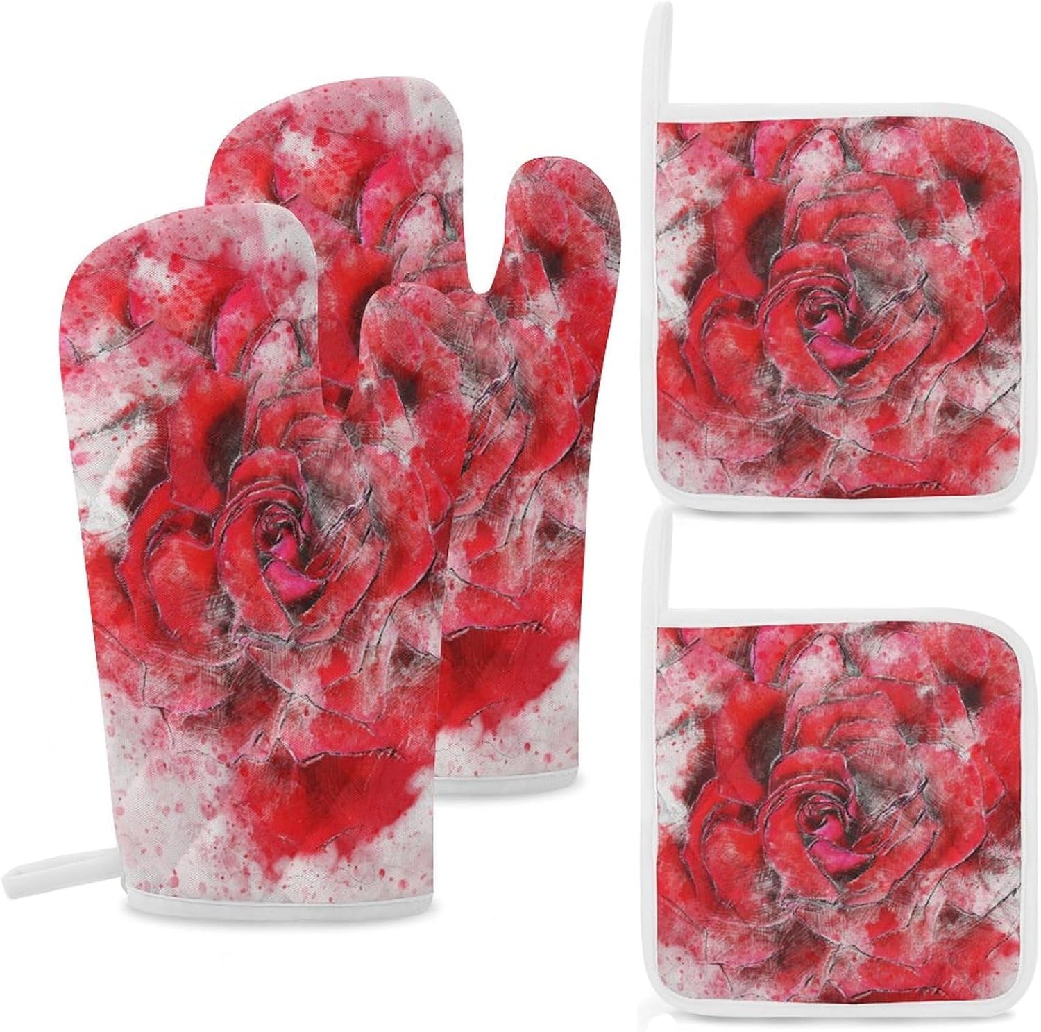 Painted Rose Oven Mitts and Pot Holders 4Pcs Set Heat Resistant Cooking Mitts Hot Pads
