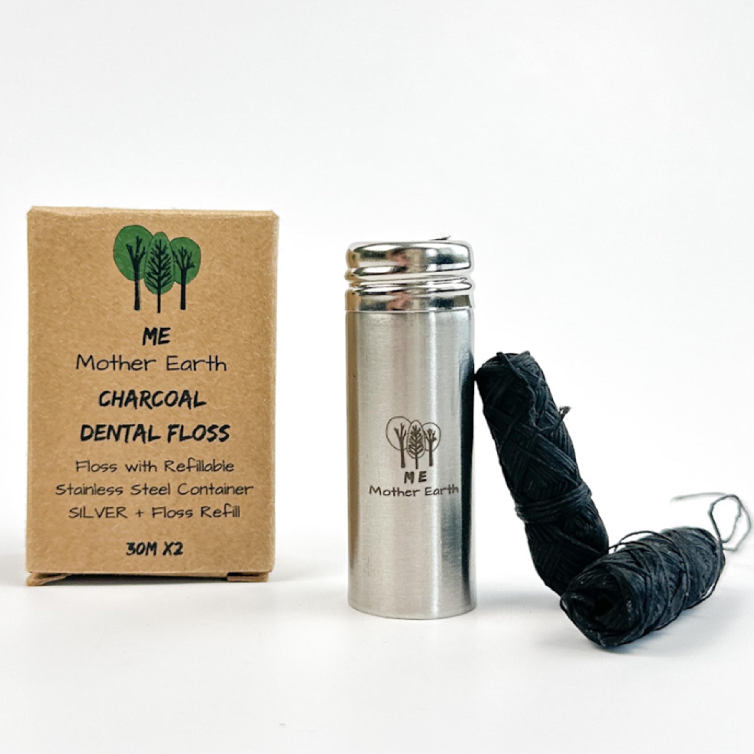 Hilo dental de carbón de bambú biodegradable vegano con recipiente de acero inoxidable rellenable, 33 yardas x2 | Recambio extra de hilo | Cera natural de Candelilla | menta | Eco Zero Waste Oral Care