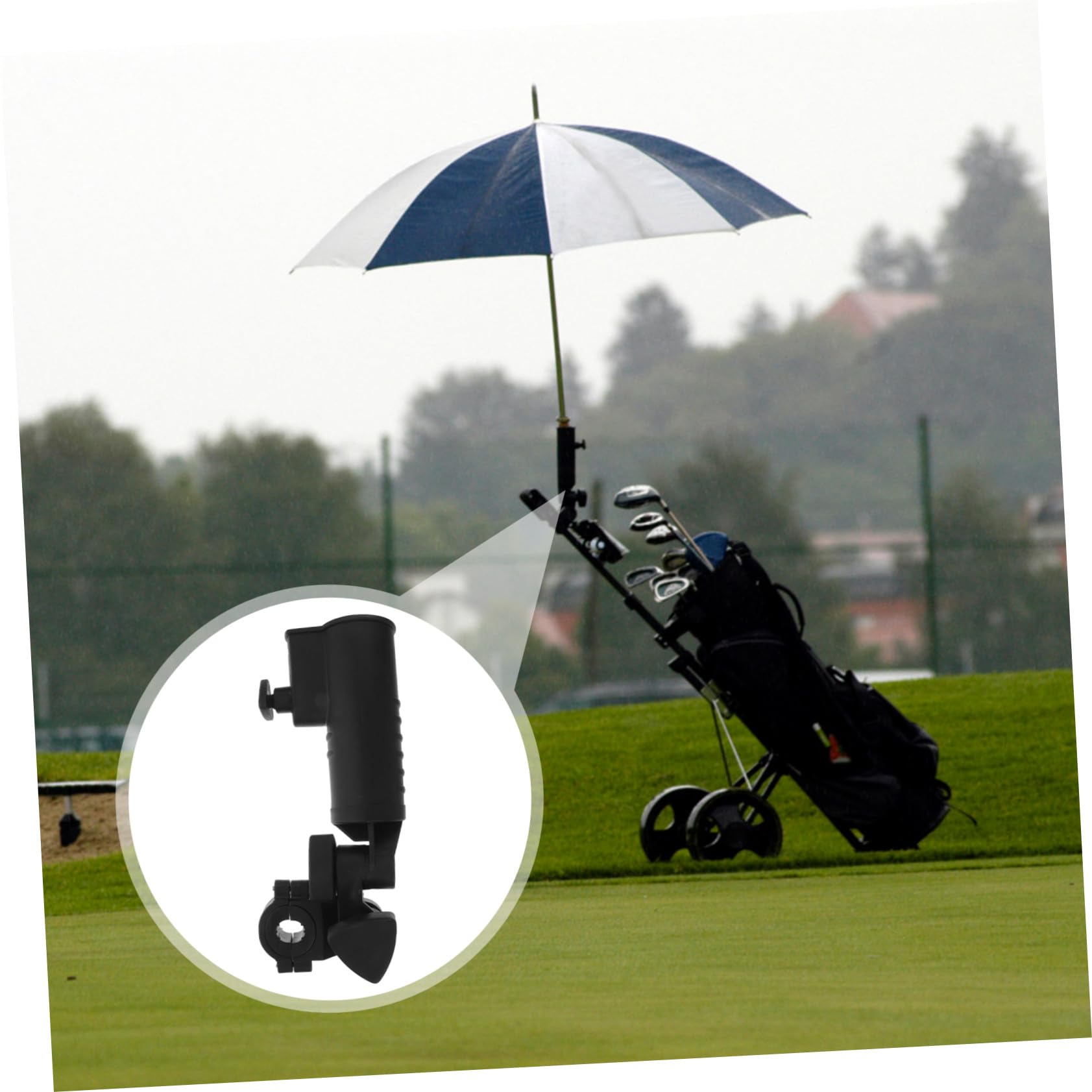 Soporte para Paraguas de Golf en Plástico Negro Ancho Interno Ajustable y Diseño Fácil de Desmontar para Carritos y Cochecitos