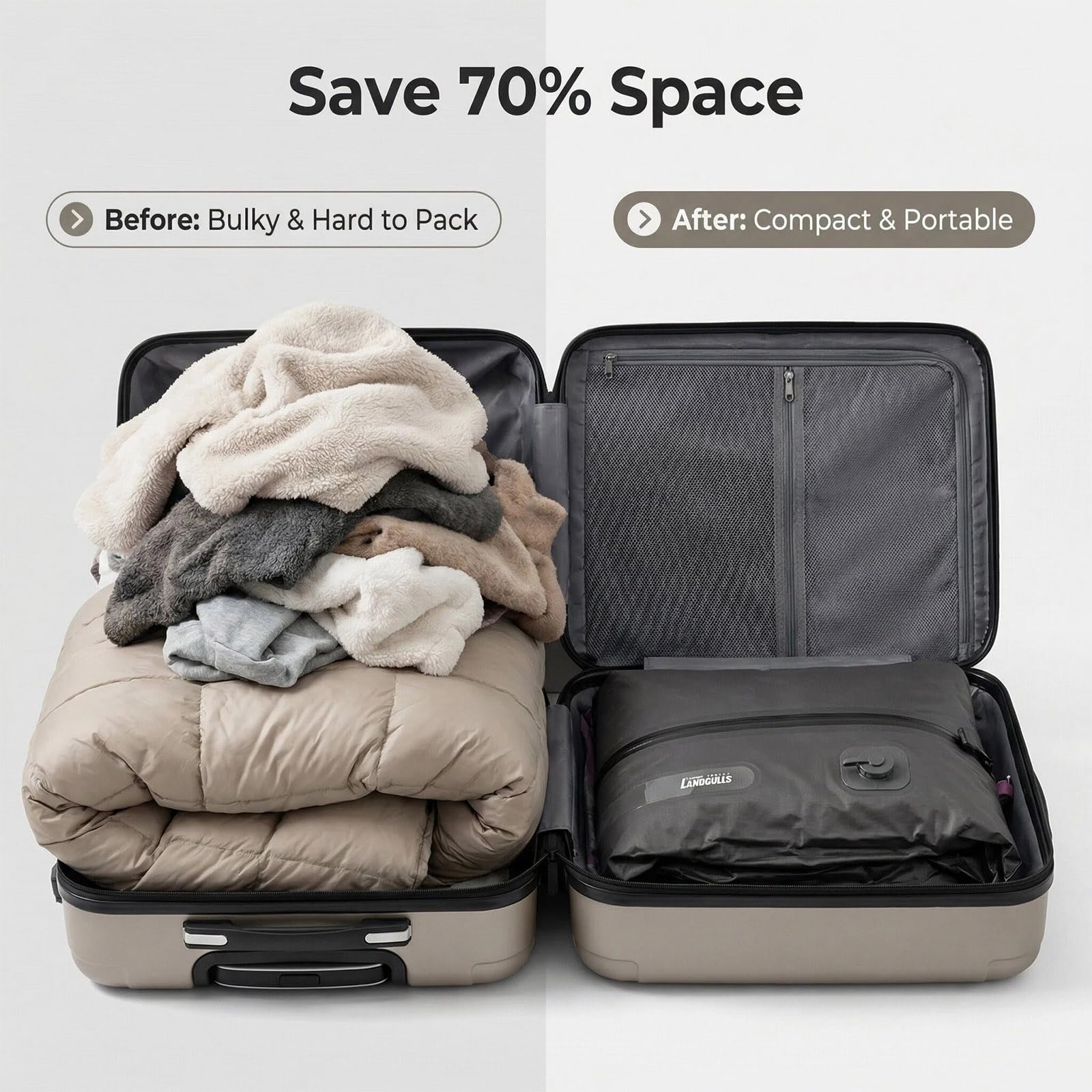 Bolsas de vacío con bomba inalámbrica, compresión reutilizable, ahorro de espacio para viajes, ventana visual, selladas y sin polvo, cubos de embalaje impermeables IP68 para maletas y mochilas (negro