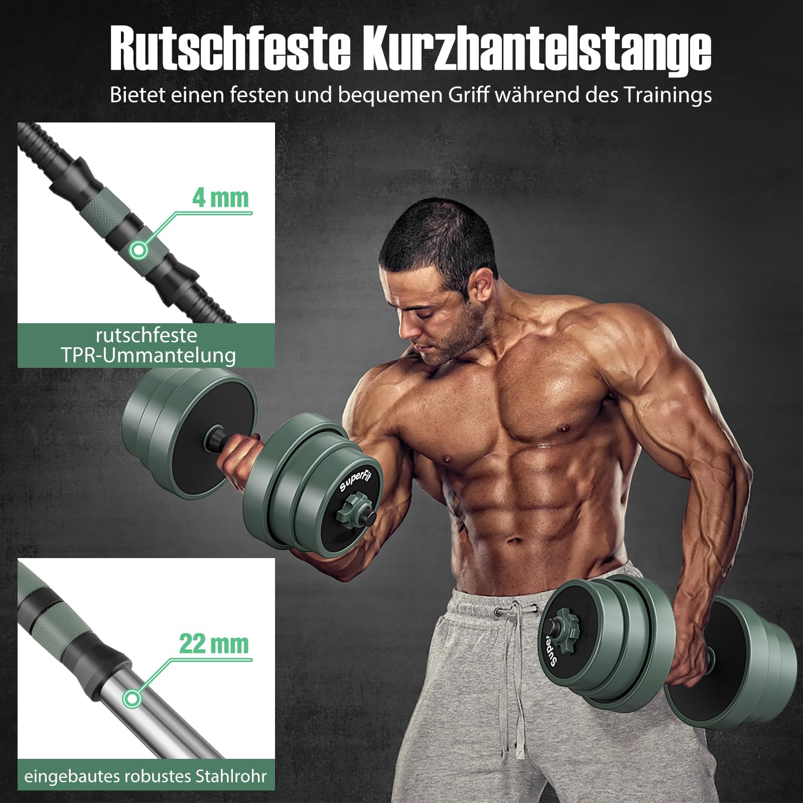 COSTWAY Zestaw hantli 4 w 1, 20 kg, zestaw hantli regulowanych, w tym hantle ze sztucznego hantla, długie hantle kettlebells i pompki, zestaw hantli z rurą łączącą do treningu siłowego, domu, na
