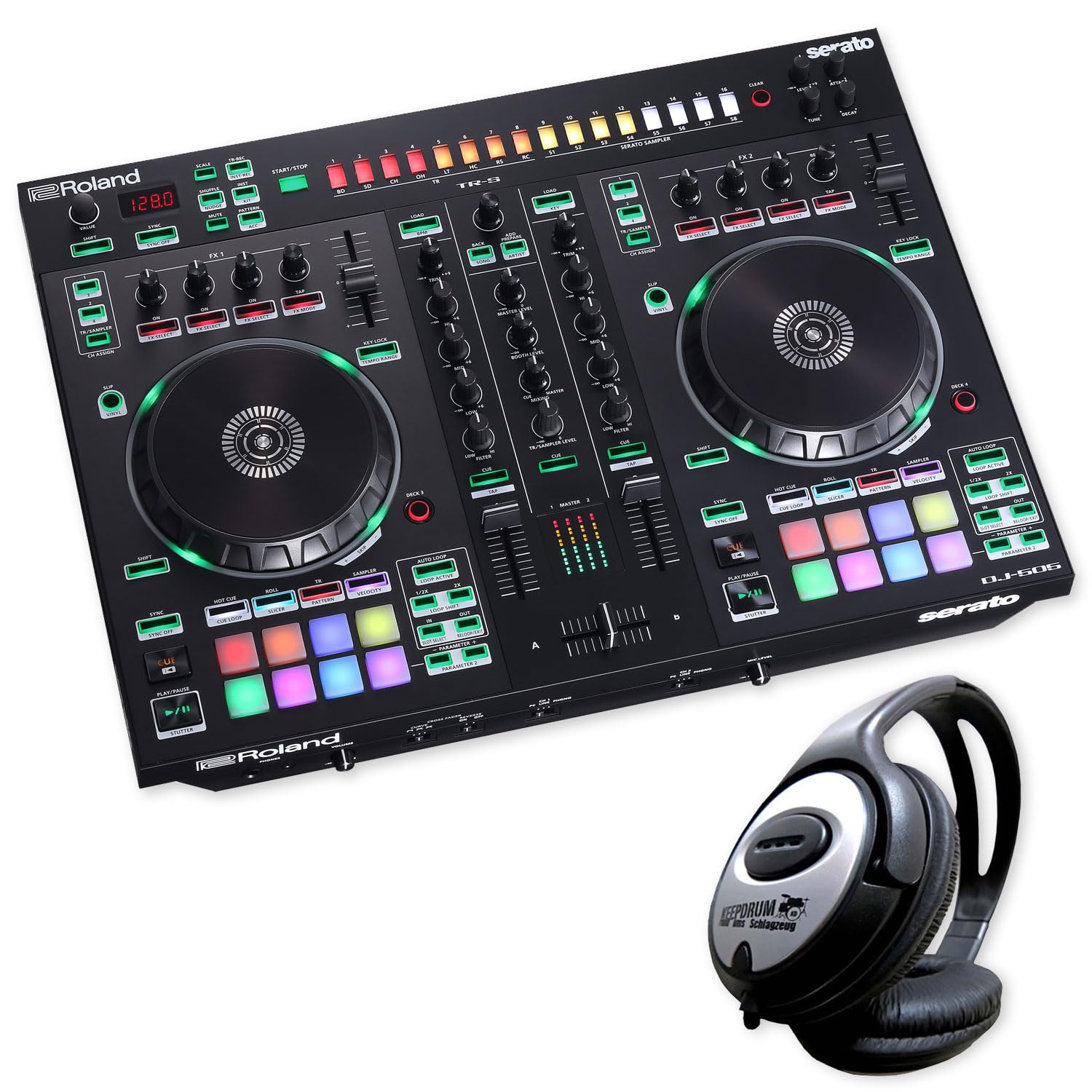 Roland DJ Controller DJ-505 2-Kanal 4-Deck DJ-Pult mit keepdrum Kopfhörer