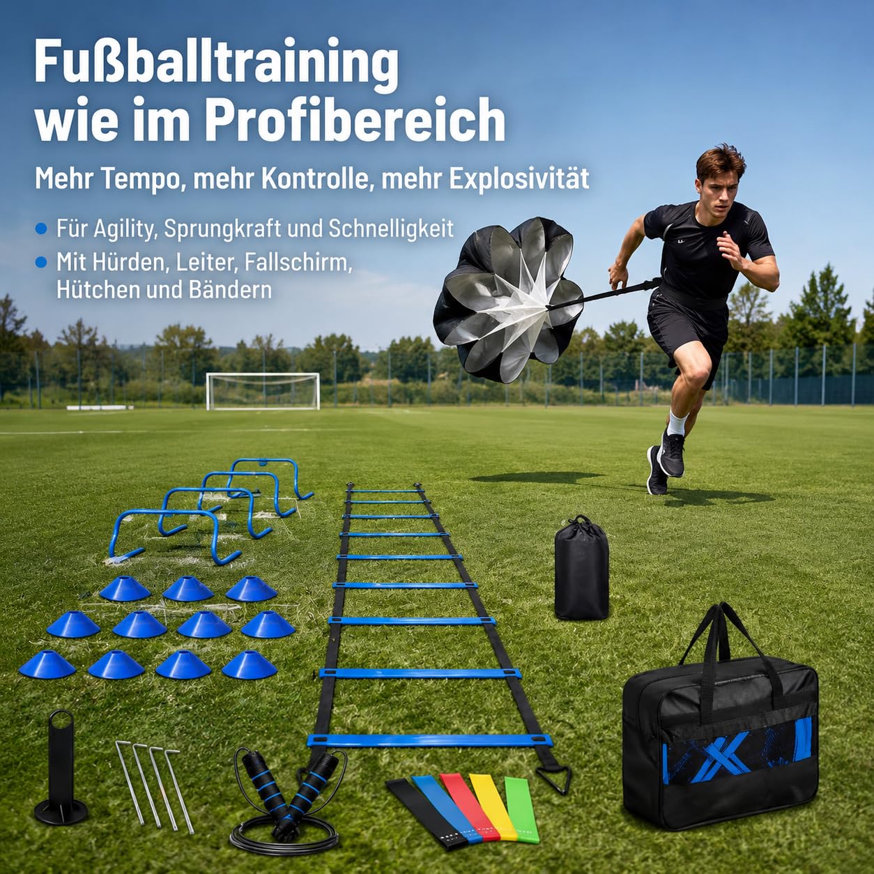 Attrezzatura Allenamento Calcio Completa con Agilità Ostacoli Paracadute Resistenza Cinesini Dischi Segnaposto Borsa Trasporto Maniglie Elastiche