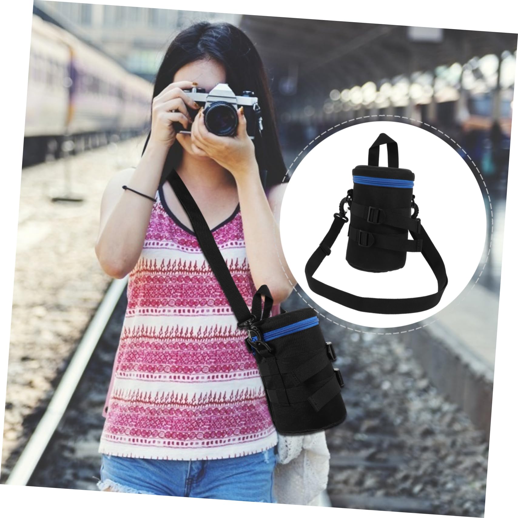 Borsa per Obiettivo Fotocamera Compatta e Resistente All'acqua in Poliestere Nero Cintura Ventrale, Custodia Protettiva Antiurto per Fotografi