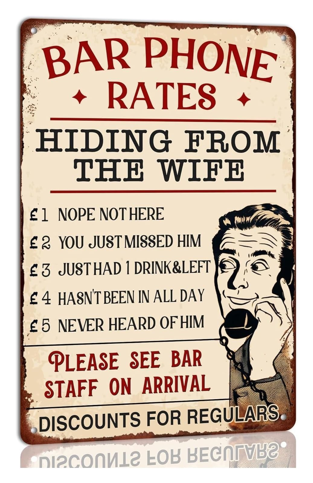 MQXFCZUX Humorous Bar Decor Metal Sign Vintage Bar Phone Rates Tin Sign Hiding from the Wife Funny Novelty Sign for Man Cave or Pub 8 X 12 inch
