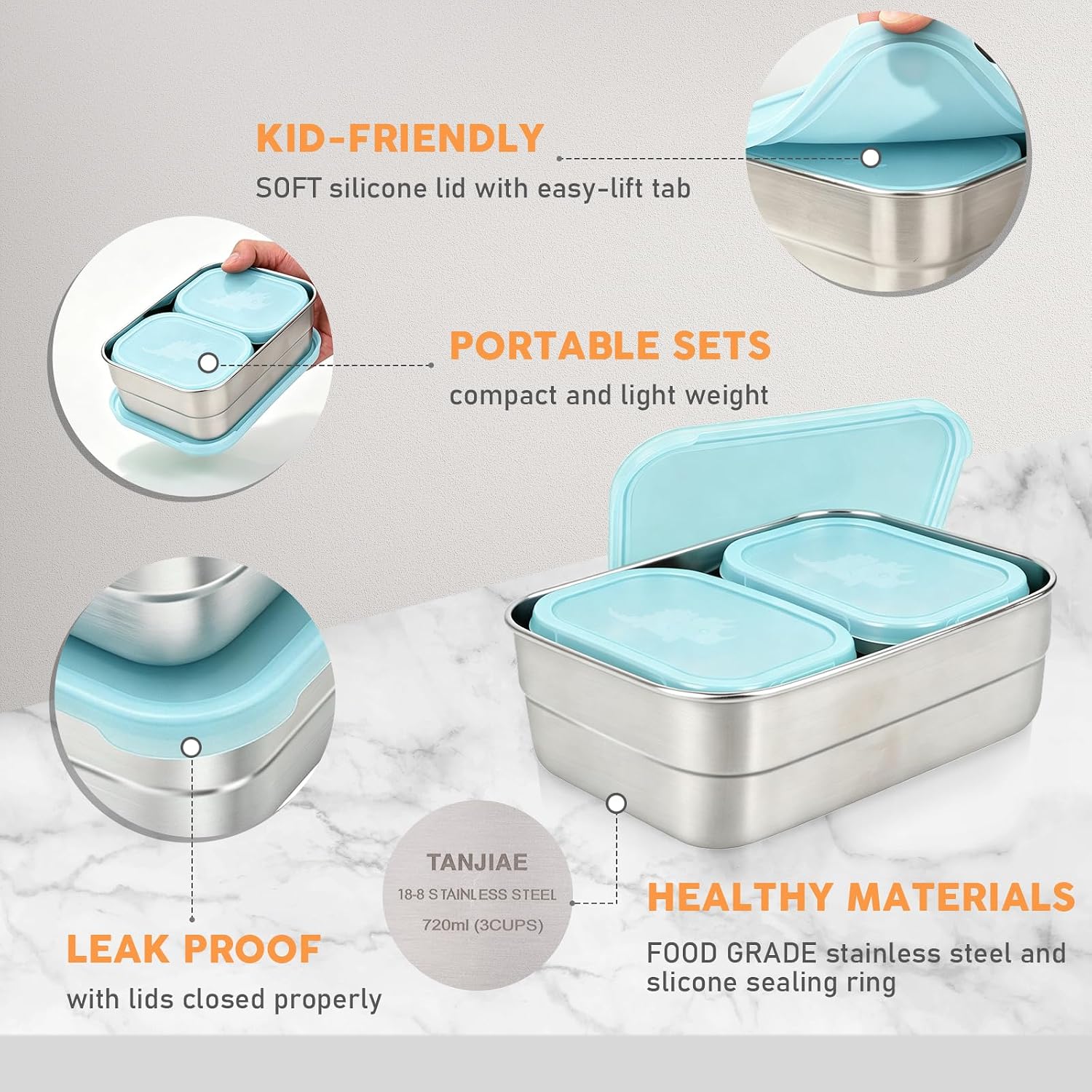 Tanjiae 3 CUP+1 CUP Stainless Steel Lunch Snack Containers Set | Leak Proof 304 Stainless Steel Food Containers with Silicone Lids - Perfect Metal Lunch Box for Home and Travel (25oz+8oz*2) image 3
