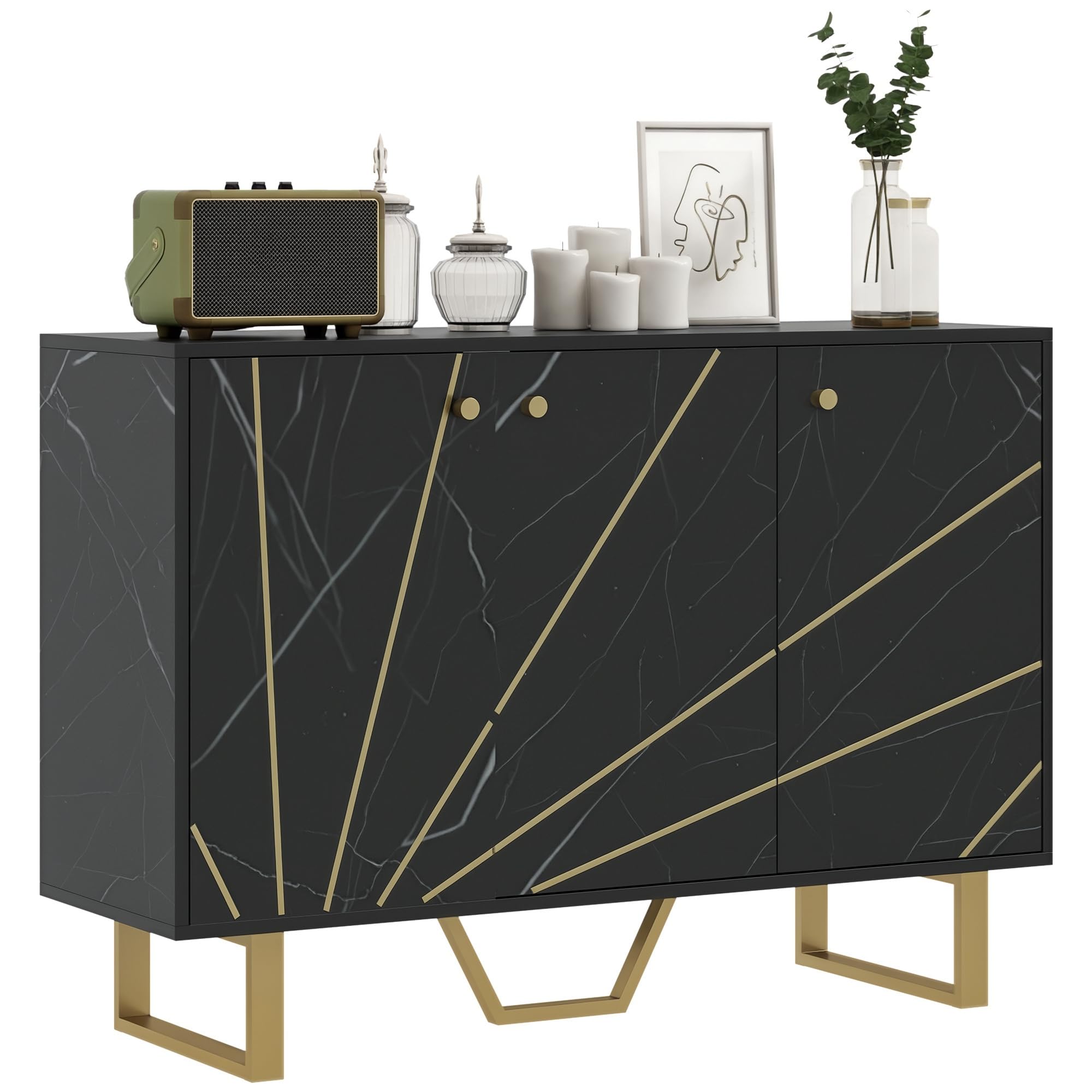 HOMCOM Sideboard Storage Cupboard with Metal Legs for Living Room - Black  | TJ Hughes