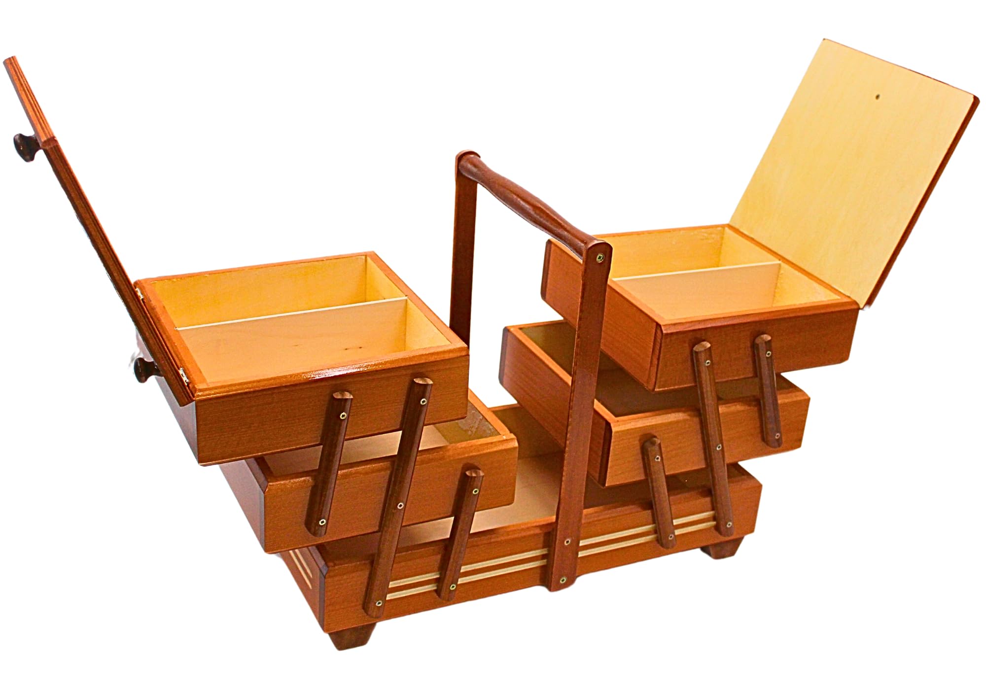 Wysokiej jakości skrzynka na szycie, skrzynka na przybory do szycia z drewna fornirowanego z 7 przegródkami w kolorze mahoniowym, dł./szer./wys. 42 x 20 x 21 cm