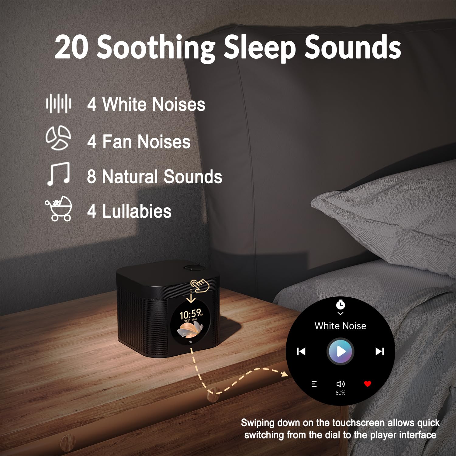Cuenco tibetano y máquina de sonido para dormir con 19 sonidos de cuenco tibetano, 4 sonidos de meditación, 20 ruidos blancos, entrenador de respiración, pantalla táctil, sonido estéreo, control de