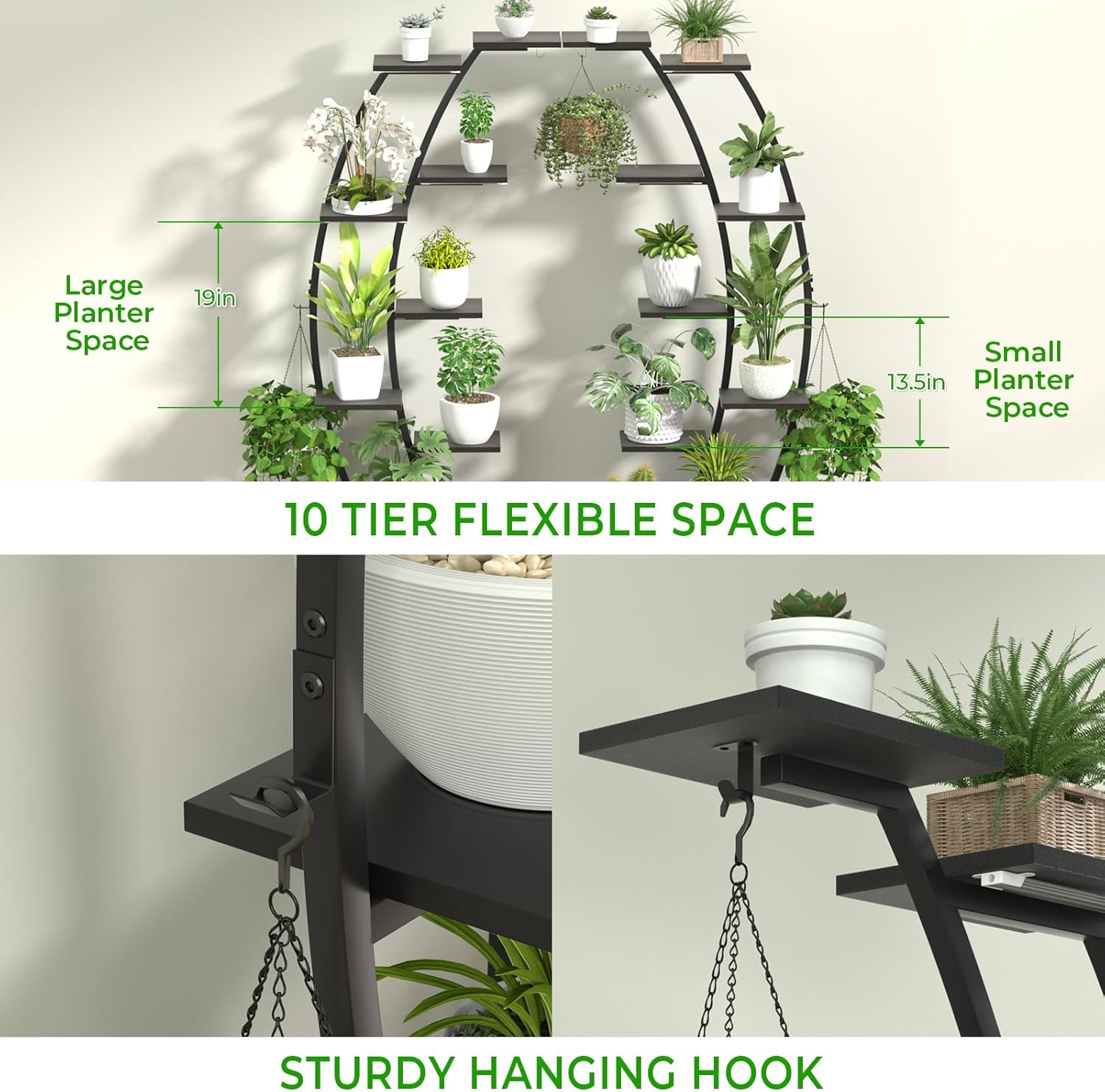 Plant Stand Shelf Rack Indoor with 8 Built in Grow Light, 10 Tiered 65" Tall Black Large Lighted Half Moon Curved Plant Stand for Indoor Growing, 2 Pack Arch Sturdy High Herb Flower Shelving