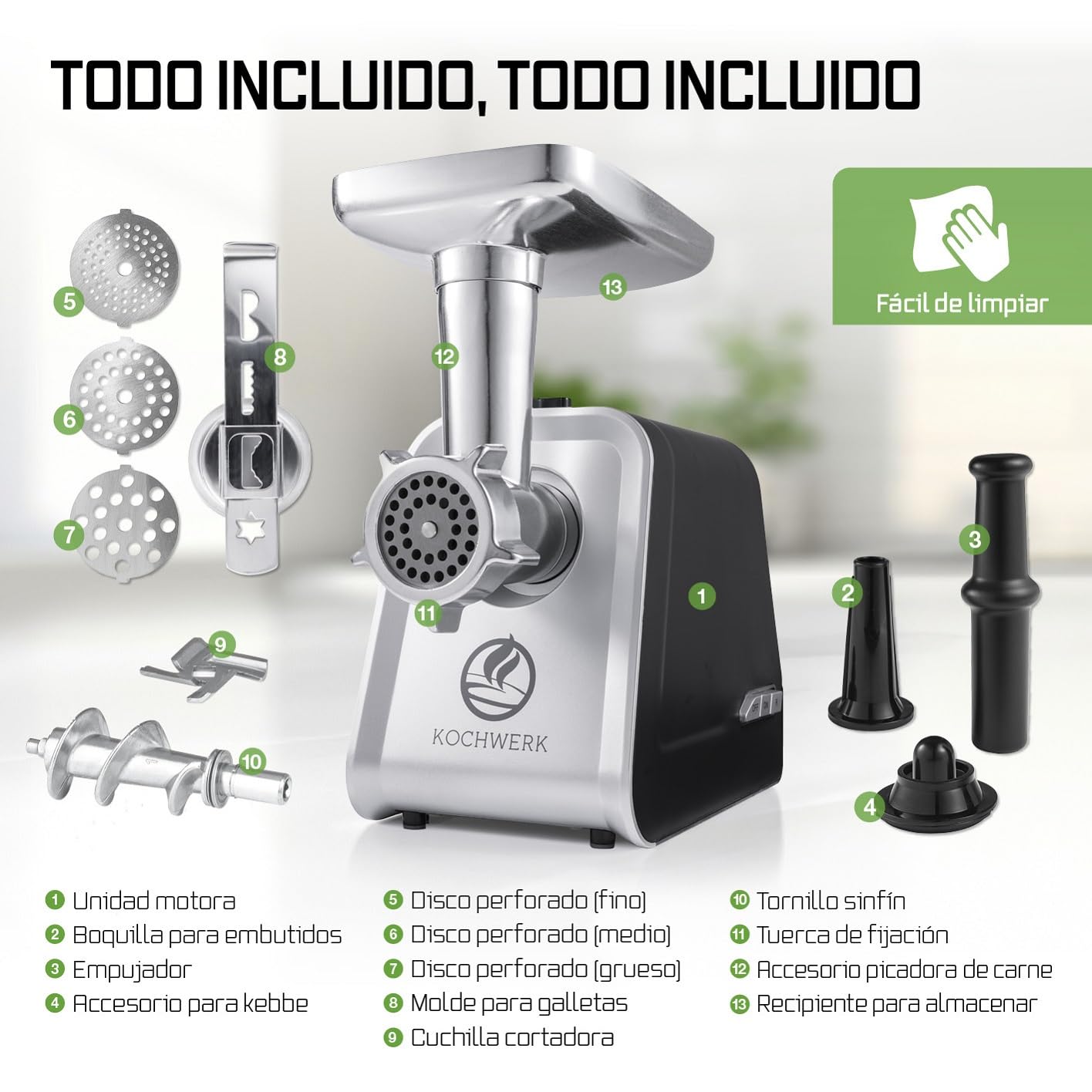 KOCHWERK Picadora de carne eléctrica con diferentes accesorios, procesa hasta 2000 g/min | carne picada, kibbeh, churros, salchichas y más con solo pulsar un botón | fácil manejo y limpieza [1600 W]