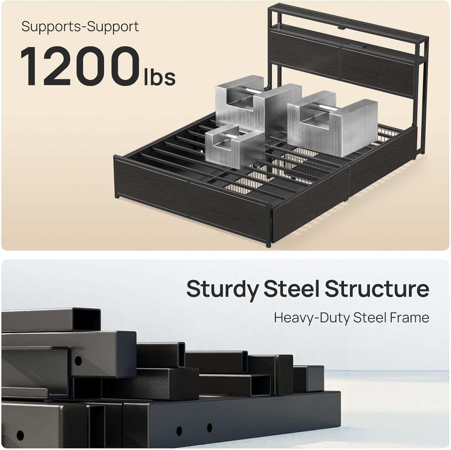 Image illustrating the sturdy steel structure of the bed frame, highlighting its 1200 lbs weight capacity.
