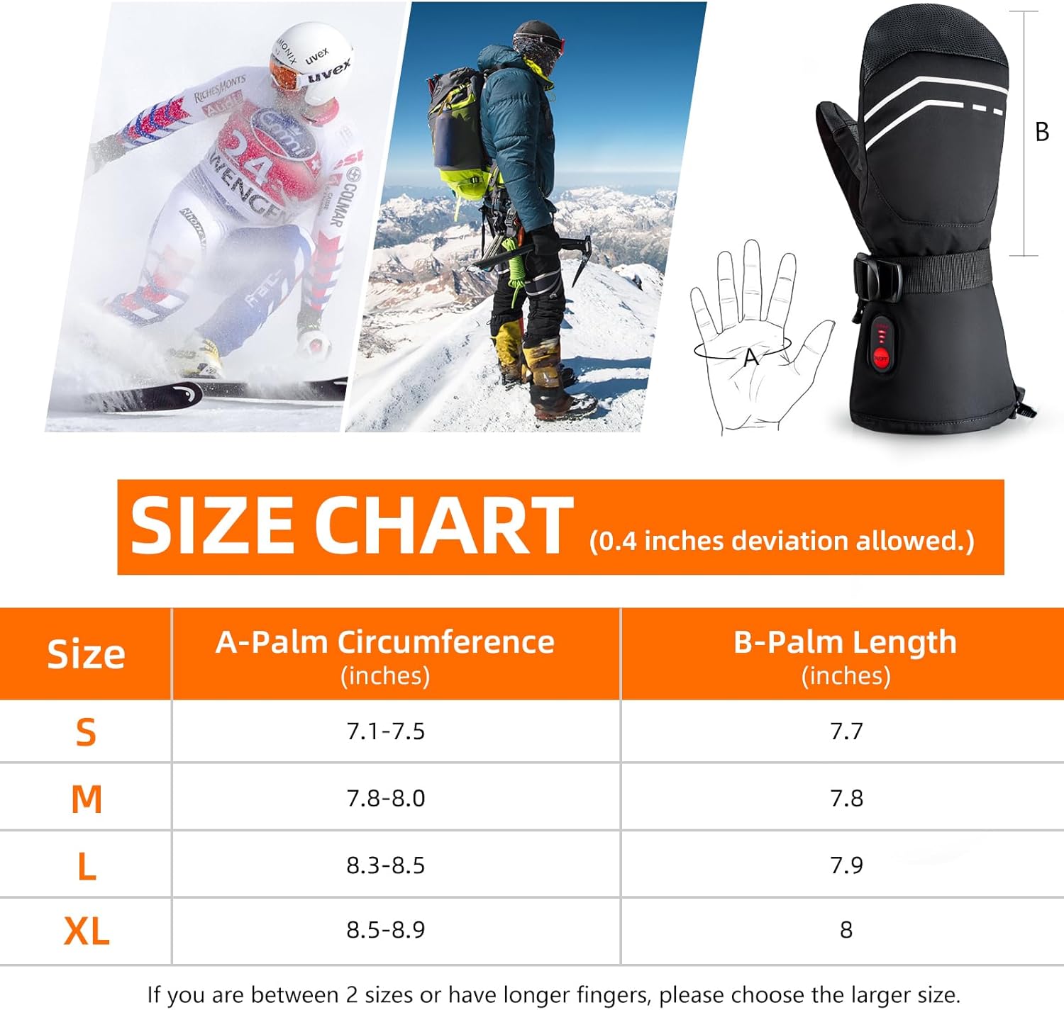 Kakashi Heated Mittens for Men Women, 7.4V 3200mAh Electric Battery Winter Heated Gloves, Waterproof Hand Warm Gloves for Ski Snowboarding Hunting Fishing - Image 3