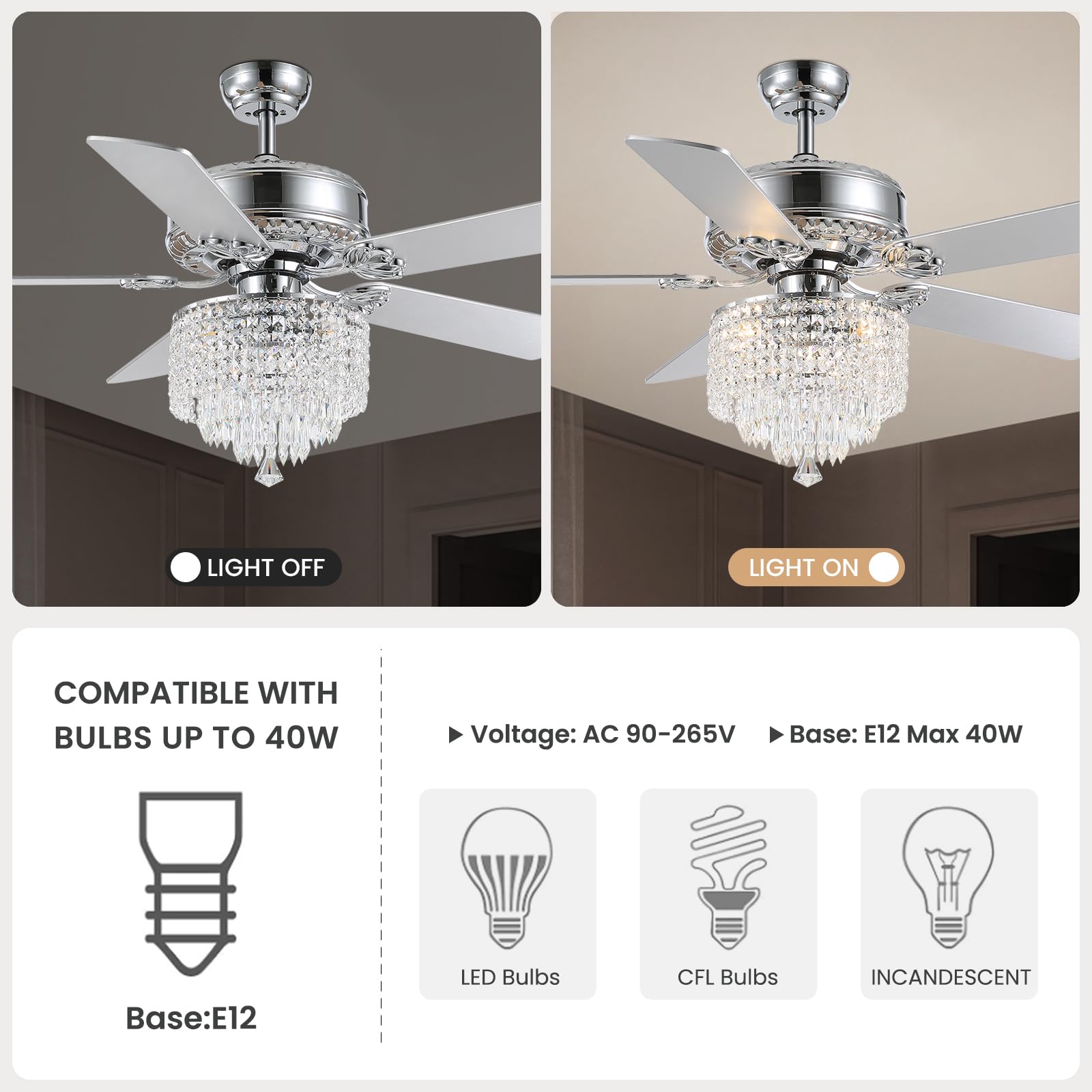 House Of Hampton® 52-In Modern Crystal Ceiling Fan With Remote Control Dual Finish Blades Reversible Ceiling Fan W112401481