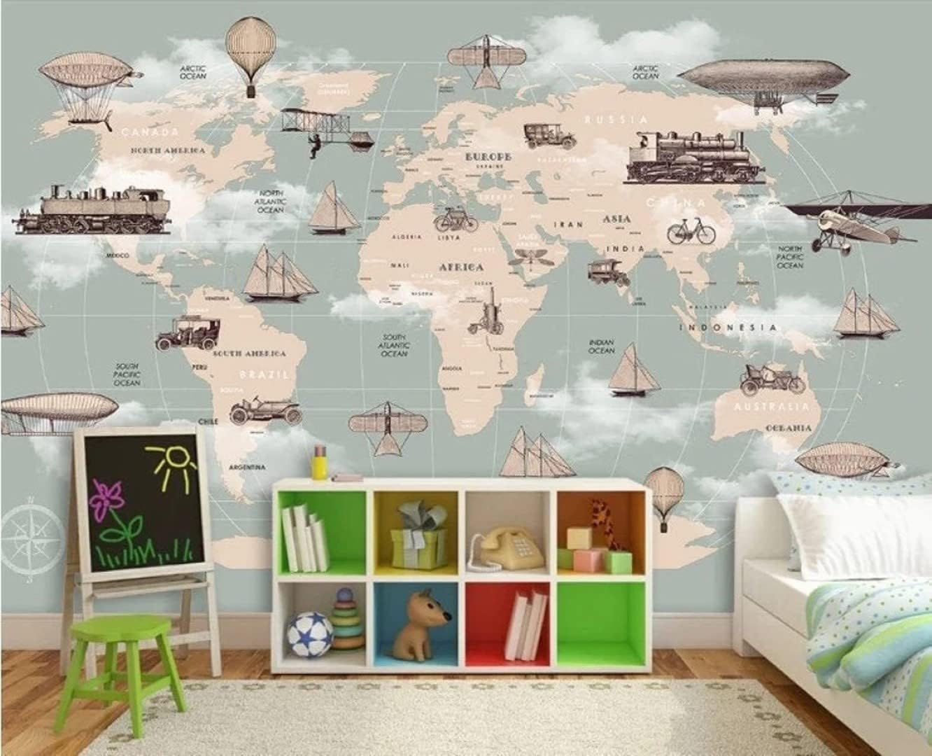 Children Eellipse World Maps Transport Vehicles Peel and Stick Wallpaper Wall Removable 100''H x 150''W