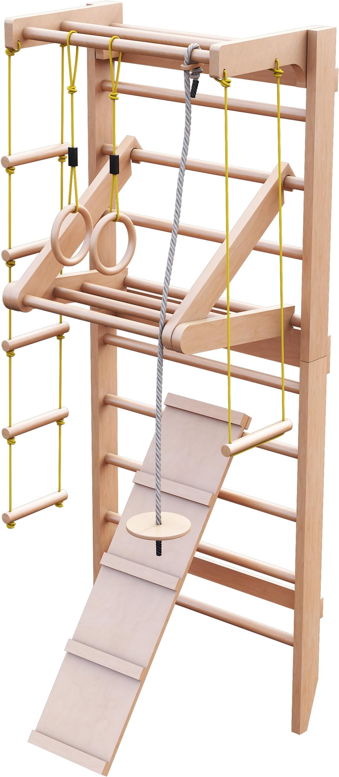 Physionics® Swedish Wall Bars Set - with Pull Up Bar & Other Attachments, for Adults & Children, Wood, 150 kg Max. Load, 80 x 220 x 60 cm, Natural Wood Colour - Gymnastics Stall Bars, Swedish Ladder
