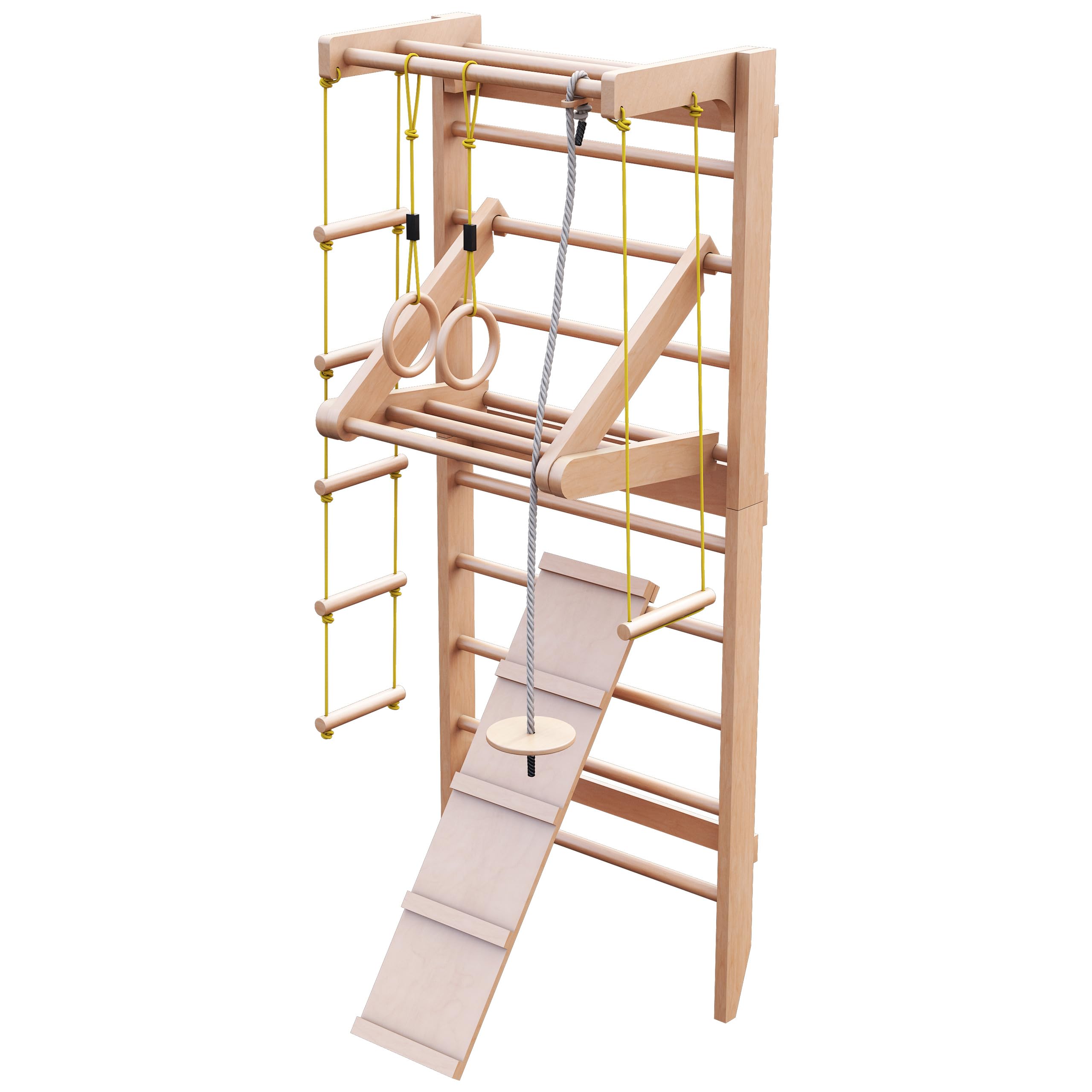 Physionics® Swedish Wall Bars Set - with Pull Up Bar & Other Attachments, for Adults & Children, Wood, 150 kg Max. Load, 80 x 220 x 60 cm, Natural Wood Colour - Gymnastics Stall Bars, Swedish Ladder