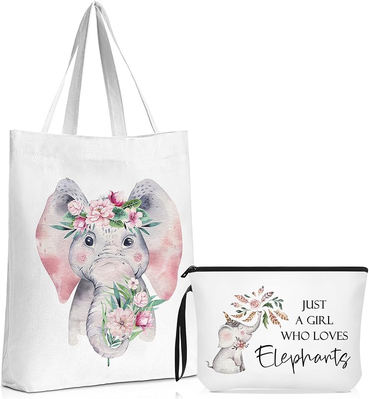 Sieral Conjunto com 2 Bolsas de Lona com Estampa de Elefante, Ecobag e Necessaire com Zíper, Brancas