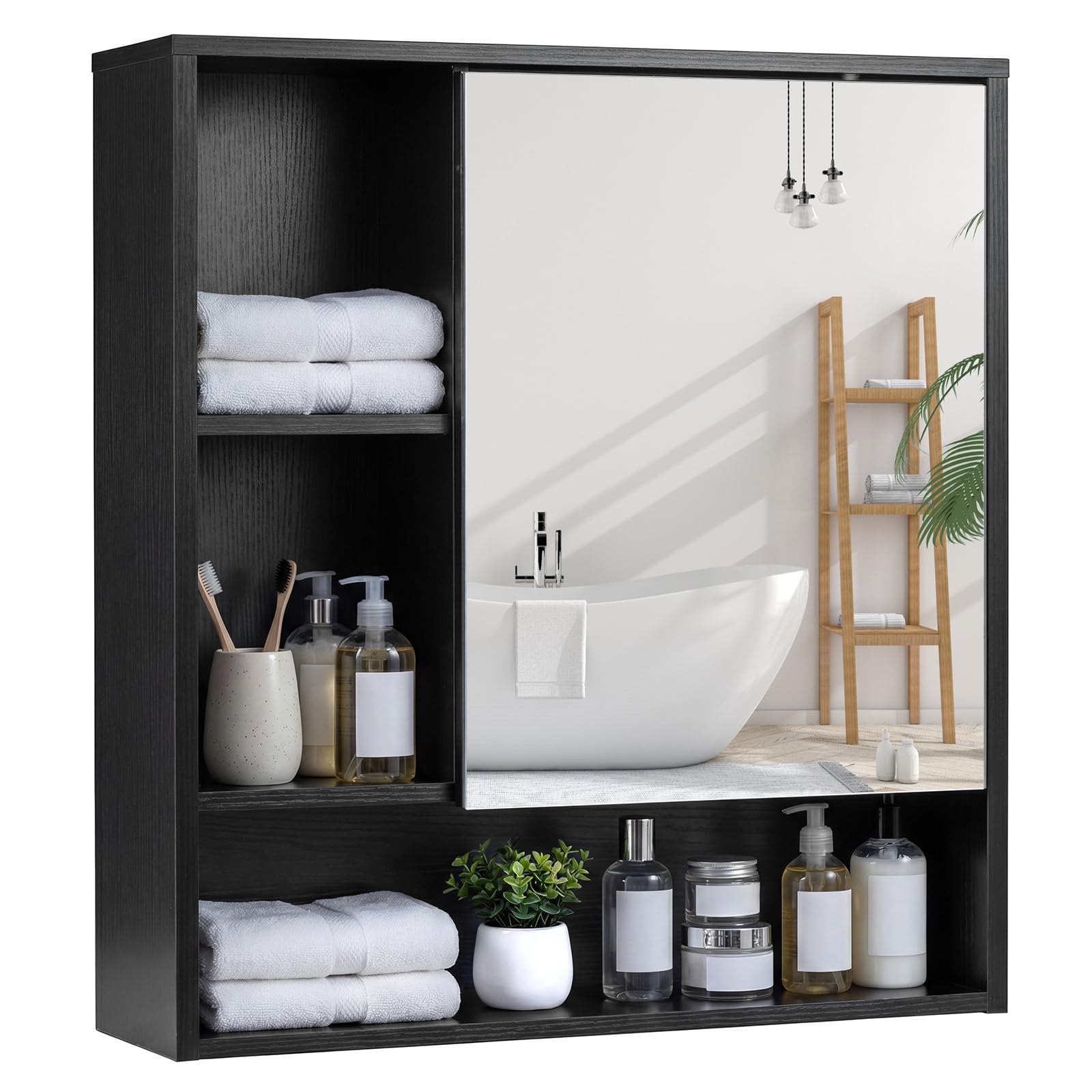 COSTWAY Bathroom Mirror Cabinet, Wall Mounted Storage Cupboard with Single Door and 3 Open Shelves, Wooden Bathroom Unit Wall Medicine Cabinet for Living Room, Kitchen, Hallway (Black, 56x16x61cm)