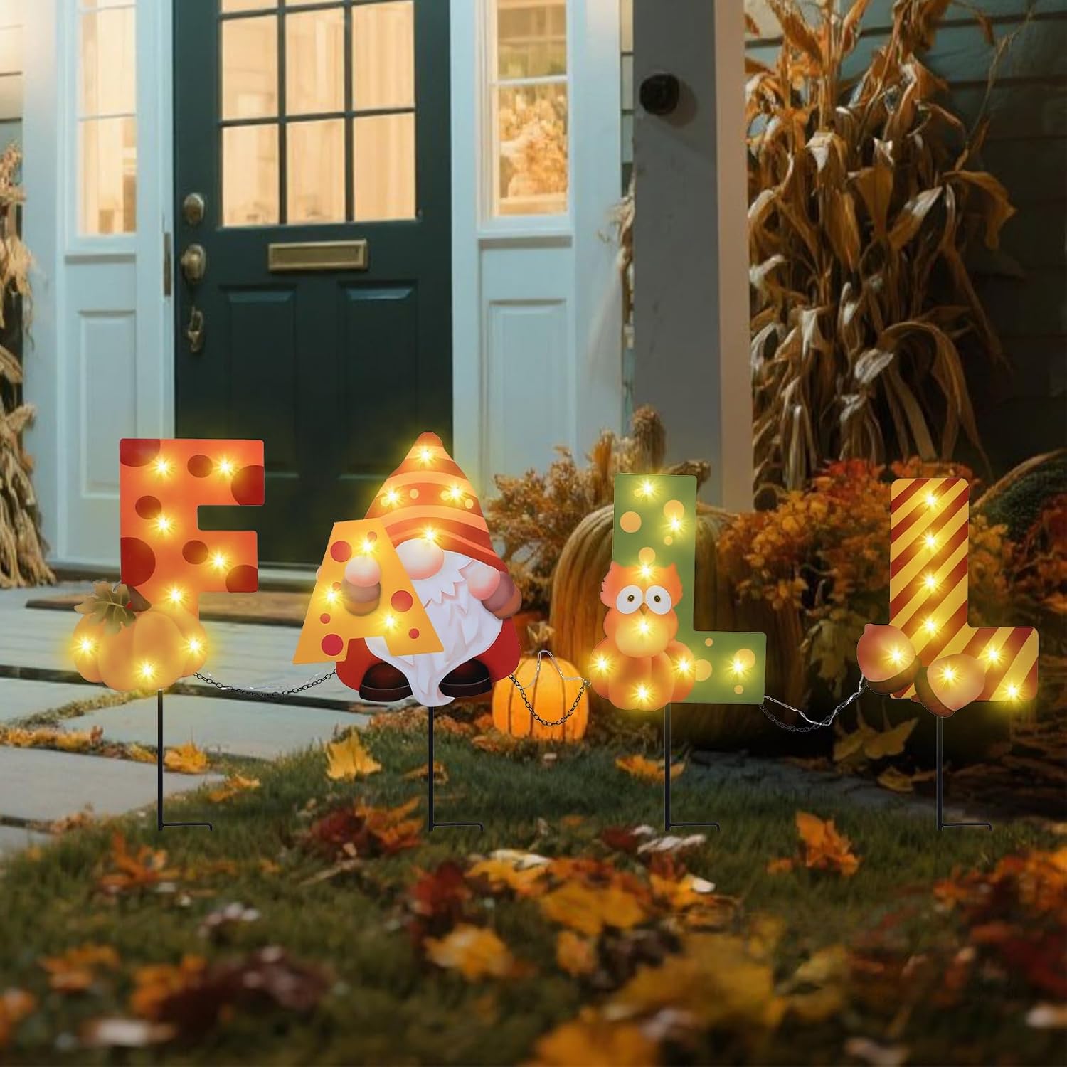 Afirst Fall Outdoor Decor 4PCS with Gnomes Lighted Garden Stake image 3